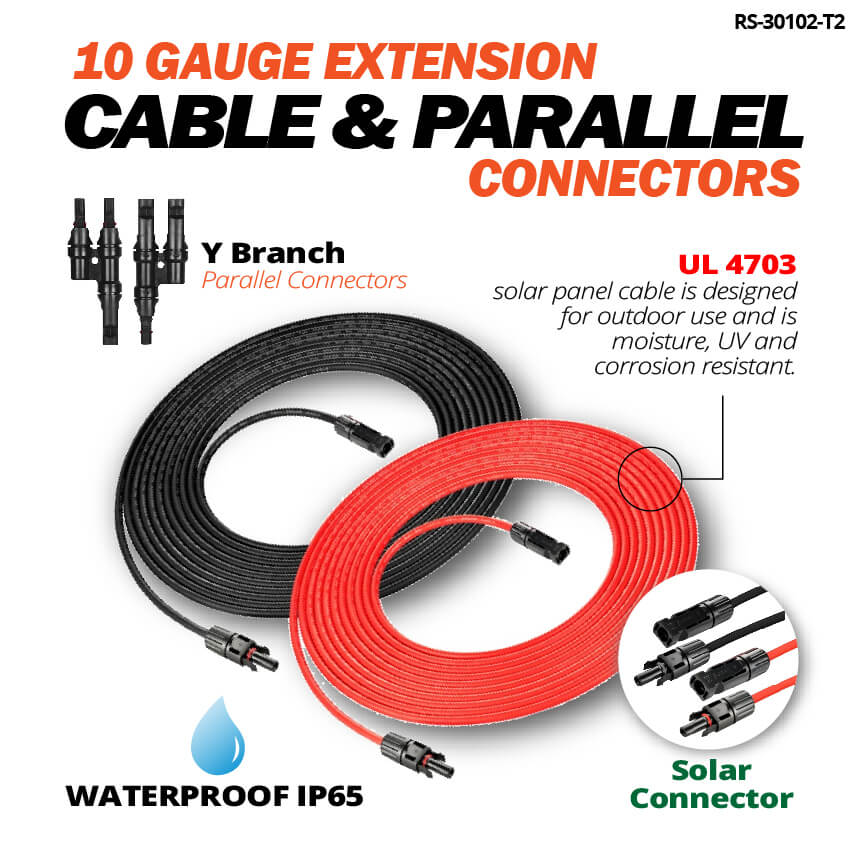 Rich Solar 10 gauge extension cable and parallel connectors feature graphic showing UL 4703 cable, IP65 waterproof rating, solar connectors, and Y branch connectors