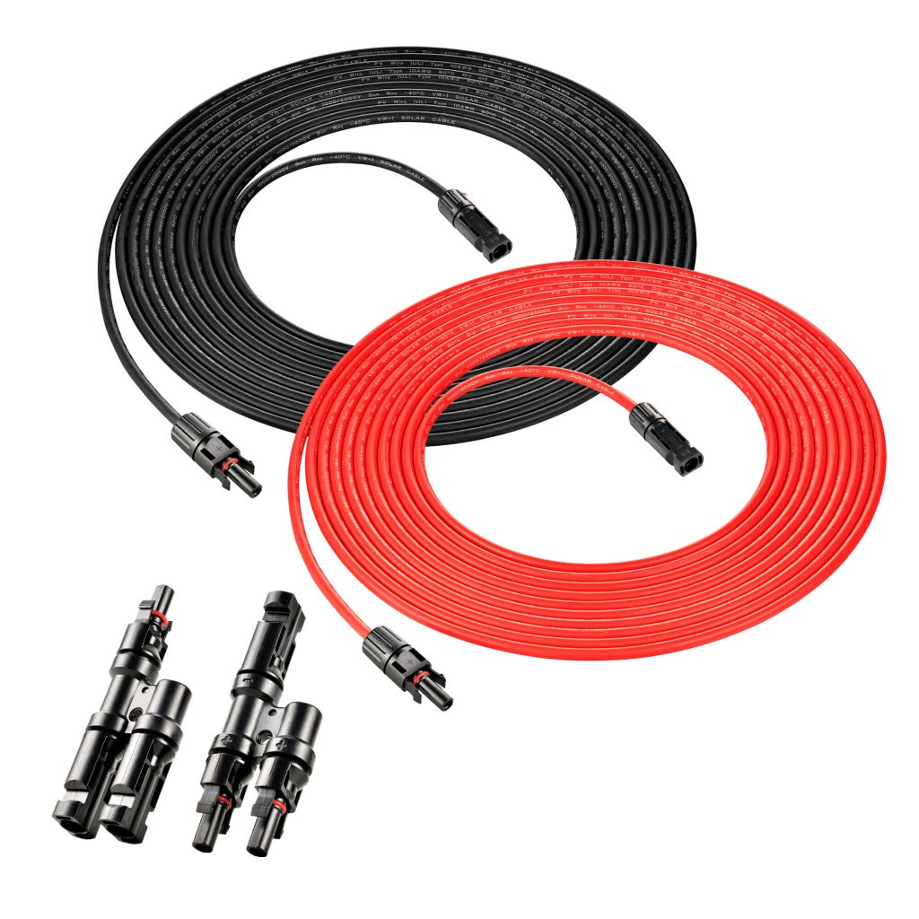 Rich Solar 10 gauge solar panel extension cable set with red cable, black cable, and Y branch parallel connectors