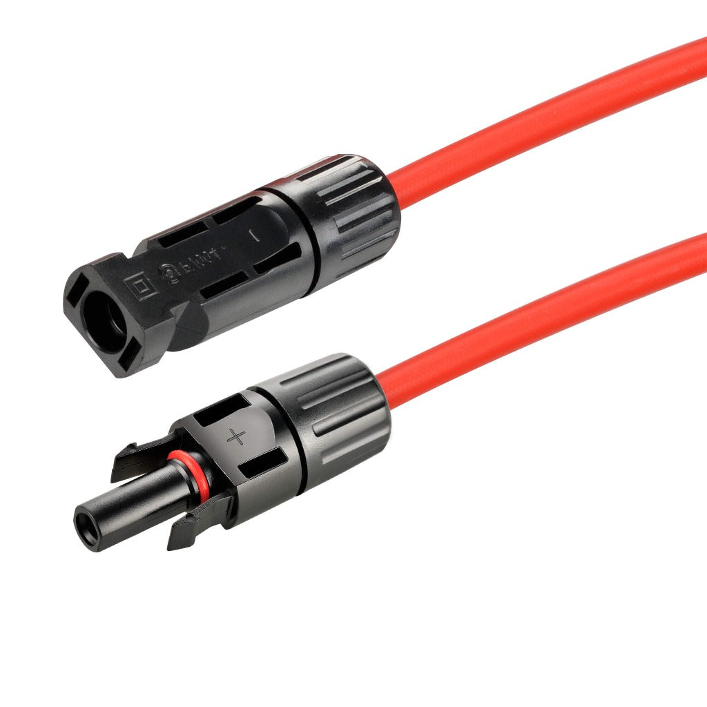 Close-up of red Rich Solar solar extension cable connector ends