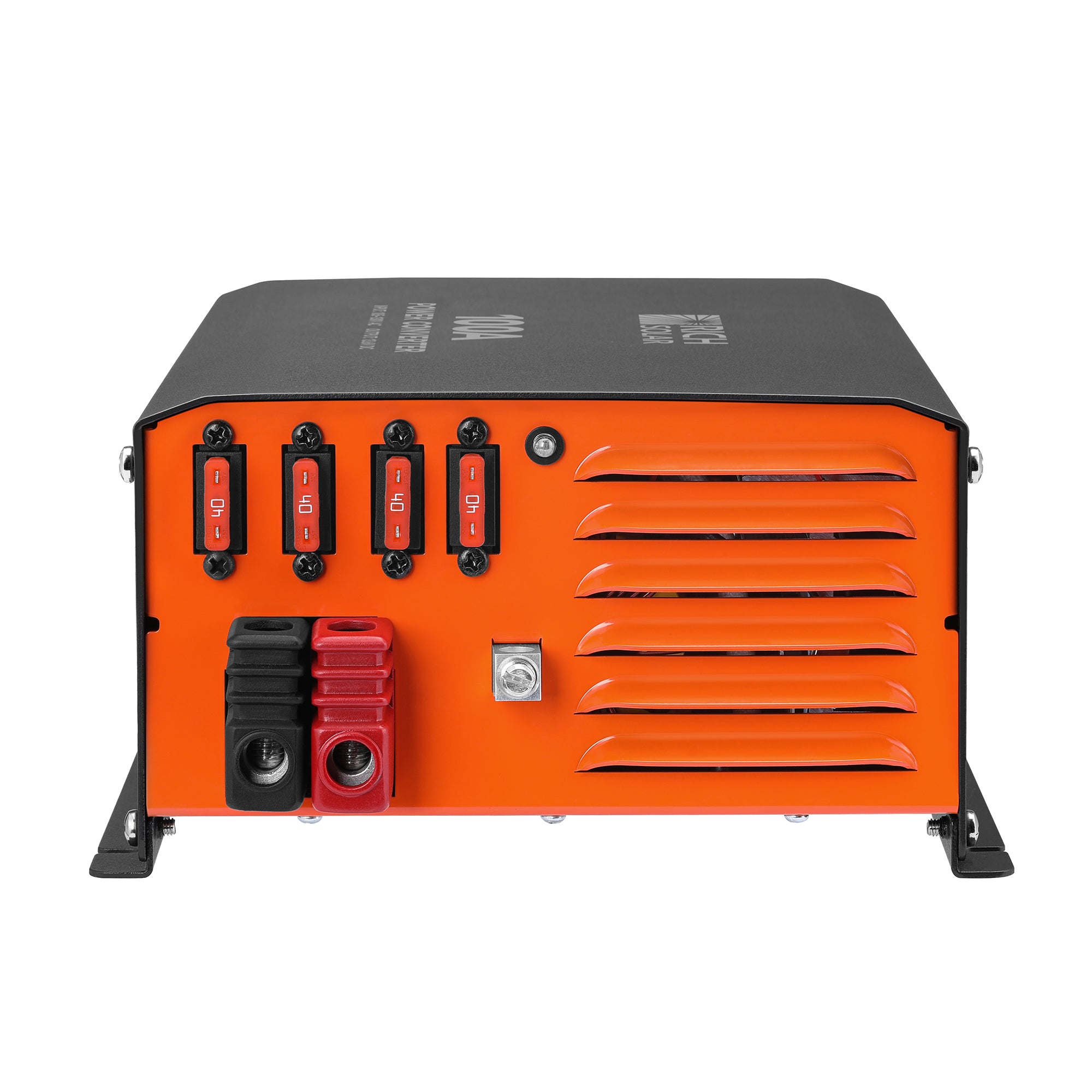Front terminal side of Rich Solar RS-PC100 100 Amp Power Converter with DC output terminals, indicator lights, and orange venting