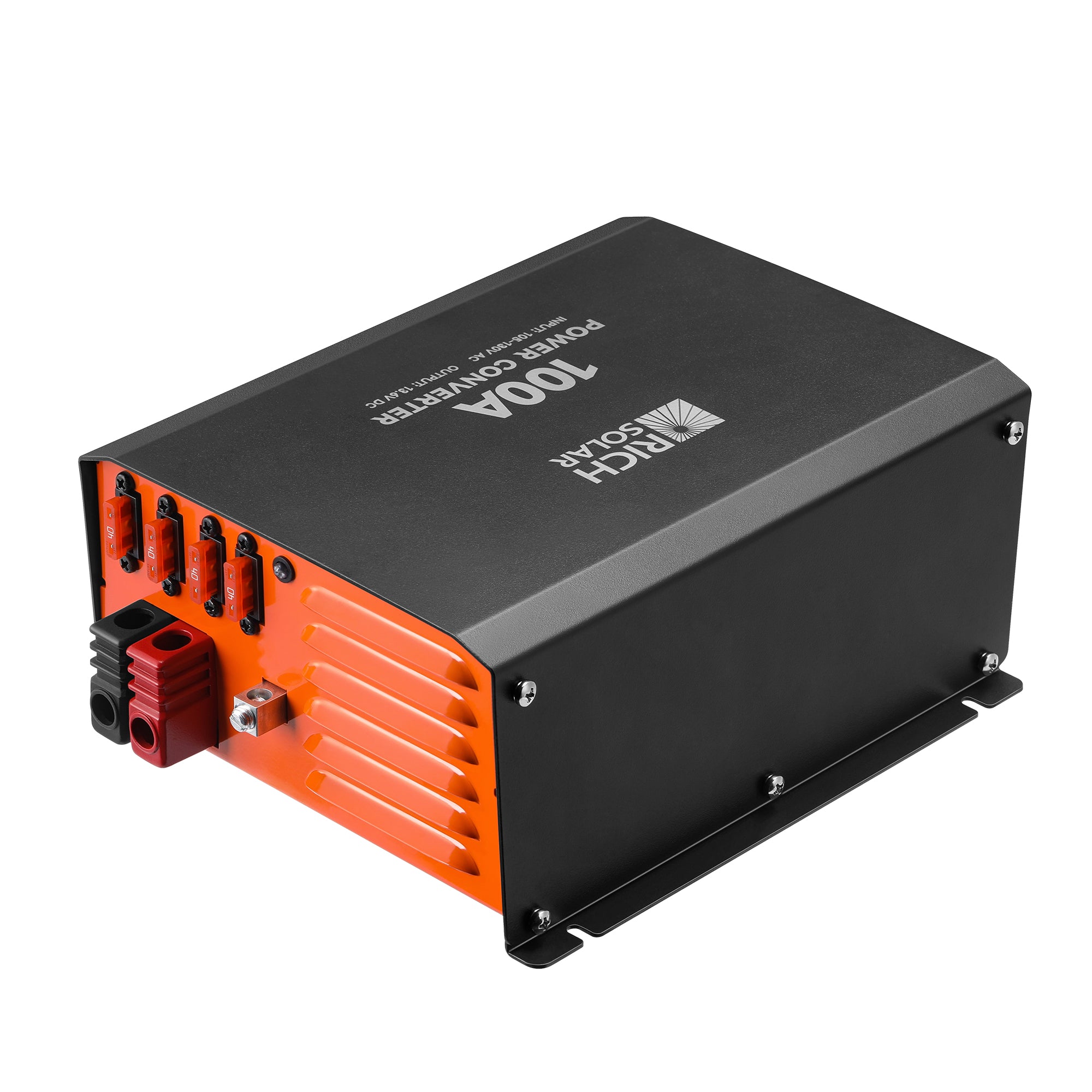 Angled product view of Rich Solar 100 Amp Power Converter showing black housing and orange front cooling section