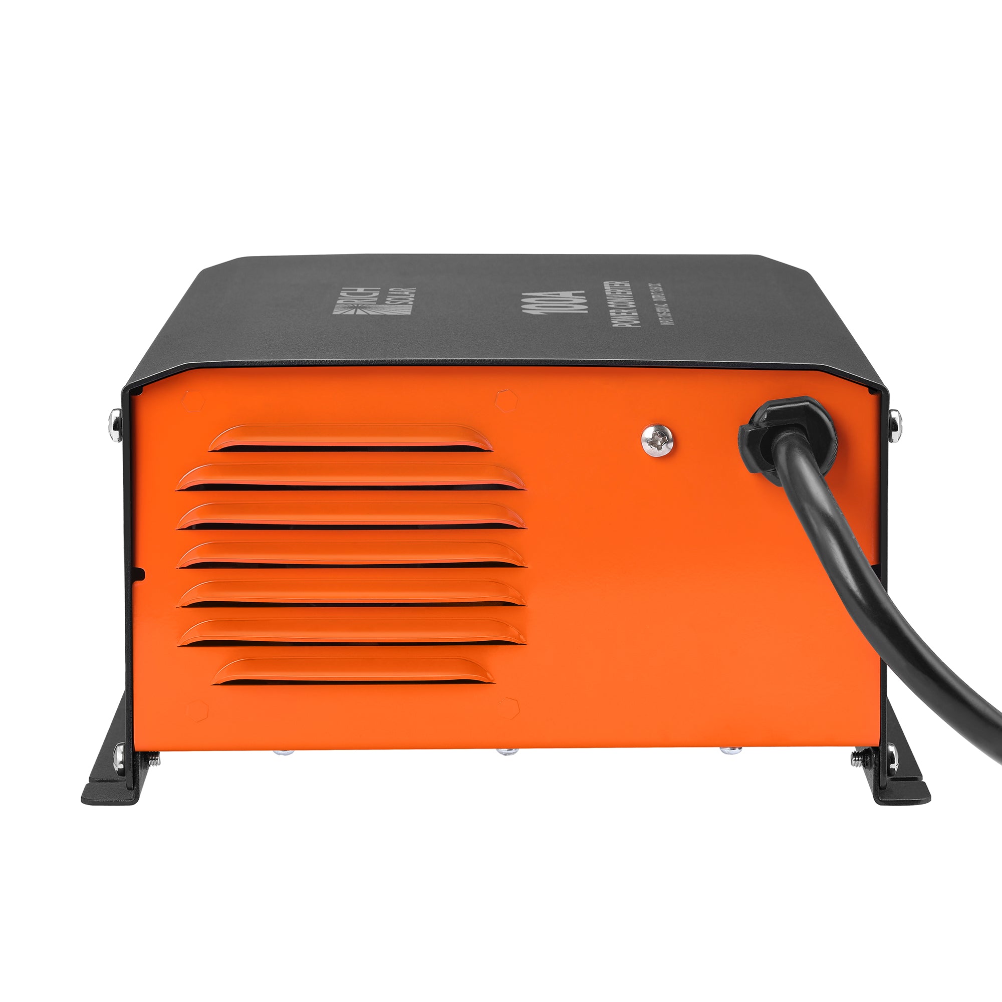 Cooling vent side of Rich Solar RS-PC100 100 Amp Power Converter showing orange ventilation panel and AC power cord