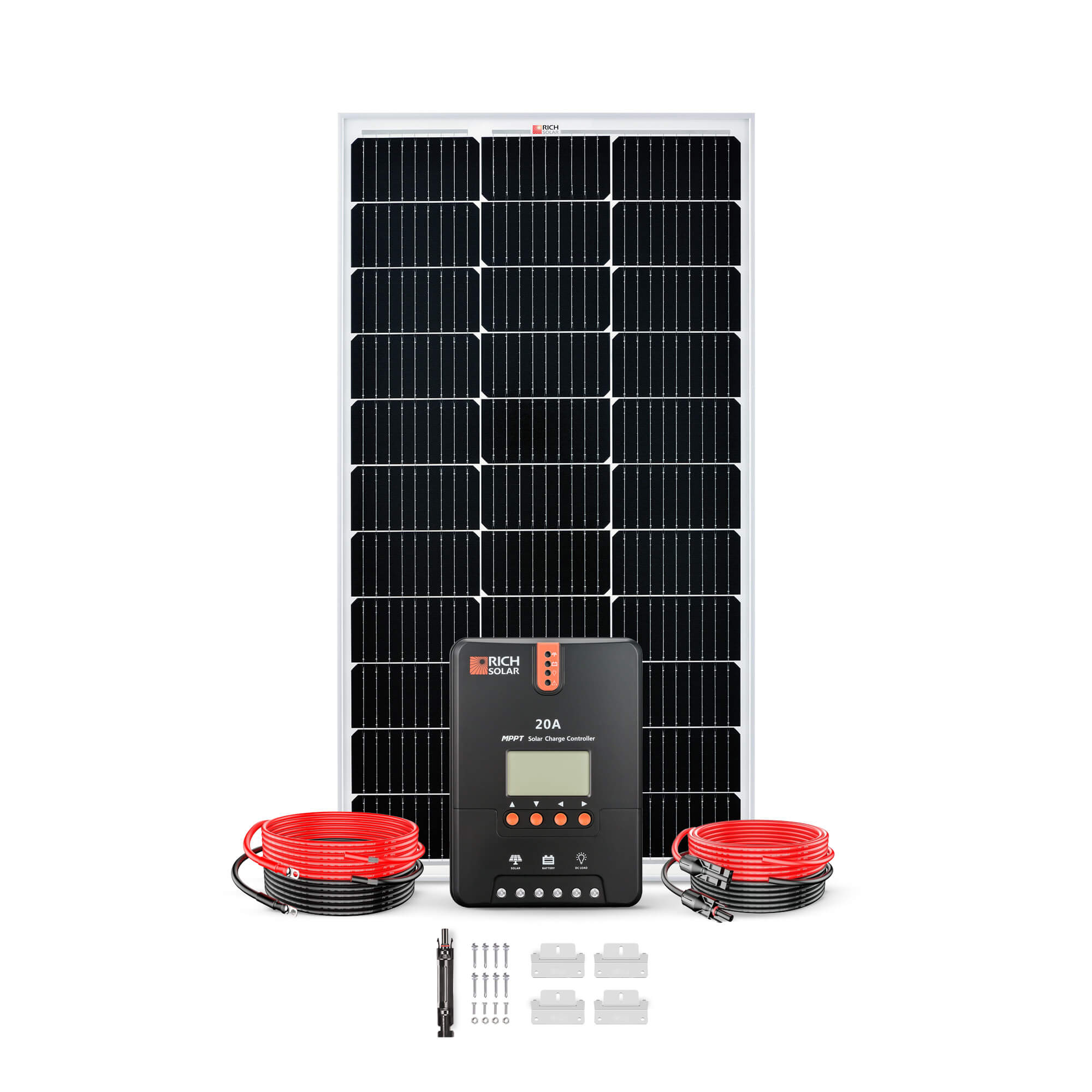 Rich Solar 100 Watt Solar Kit product layout with panel, 20A MPPT controller, cables, brackets, fuse holder, and hardware