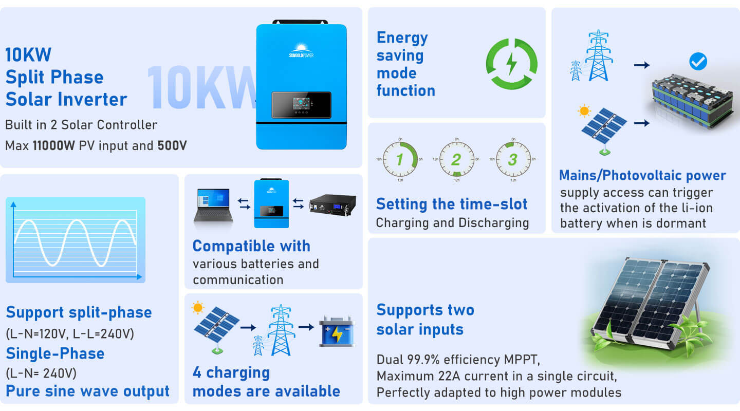 10KW 48V Split Phase Solar Inverter AC input 120V/240V AC output 120V/240V