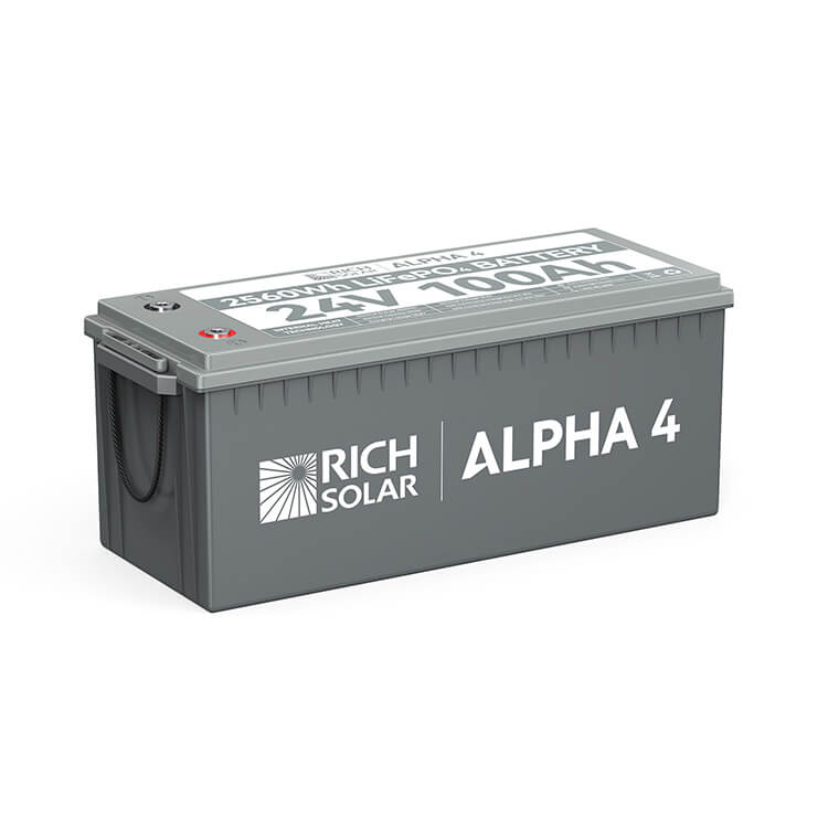 Rich Solar ALPHA 4 24V 100Ah LiFePO4 battery included with the RS-CK1200 complete solar kit