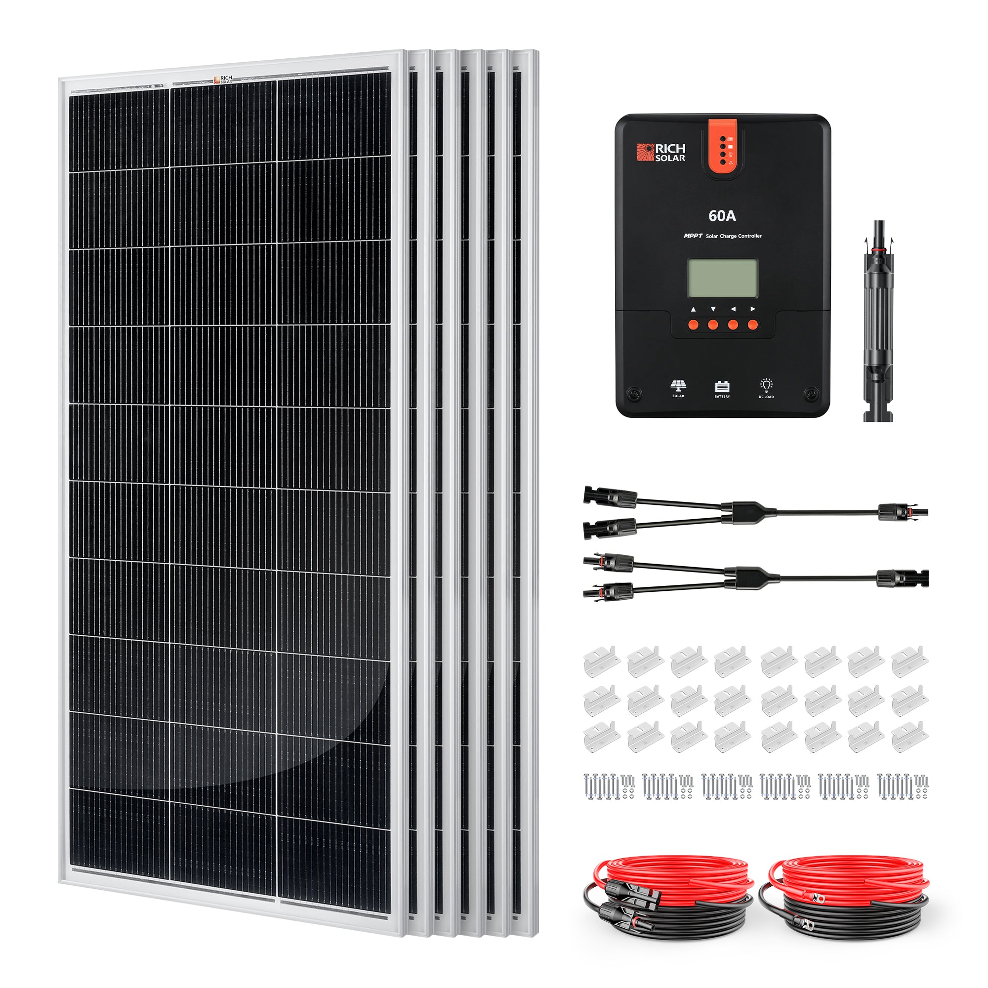 Rich Solar RS-K12004 1200 Watt Solar Kit with six solar panels, 60A MPPT controller, cables, brackets, fuse holder, and Y branch adapters