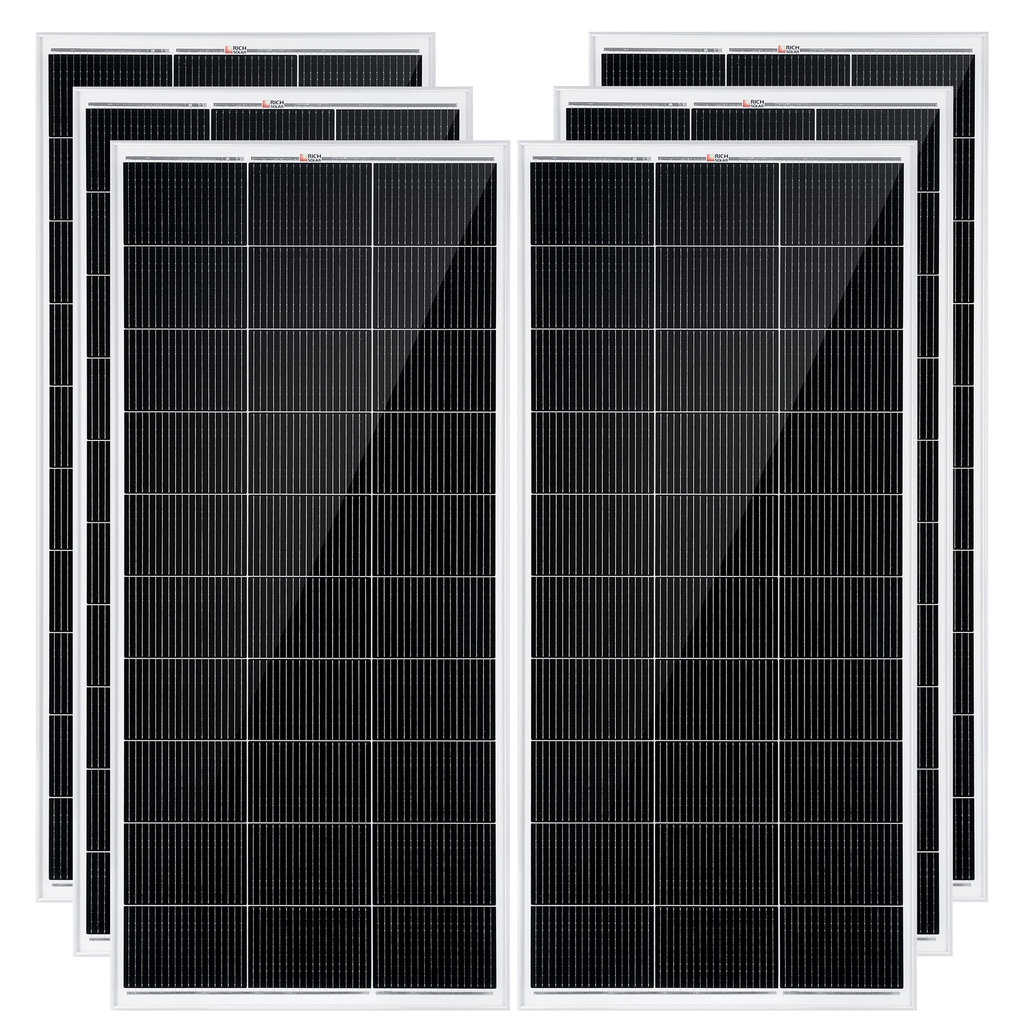 Six Rich Solar MEGA 200W solar panels included in the 1200 Watt Solar Kit