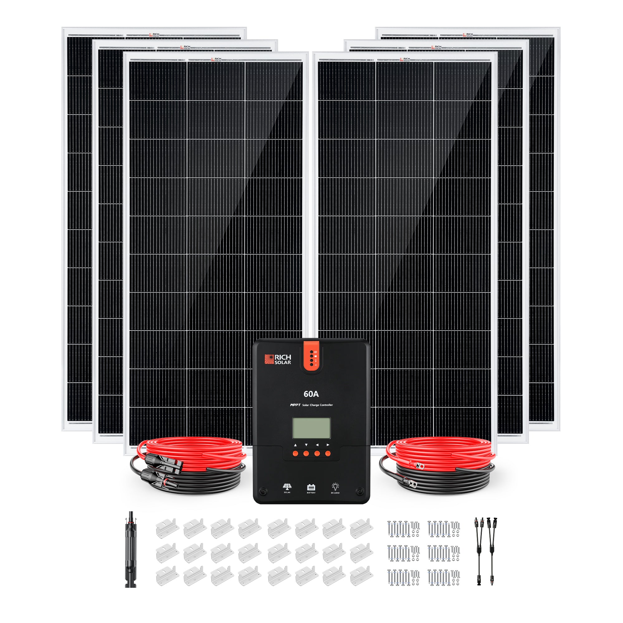 Rich Solar 1200W solar kit with controller, panels, cables, brackets, and accessories