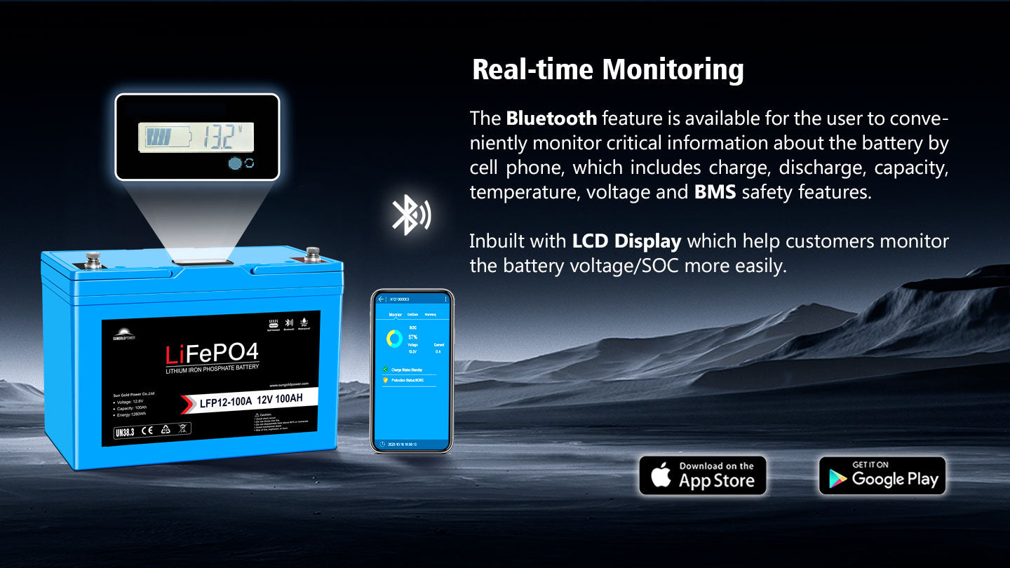 12V 100AH LiFePO4 Deep Cycle Lithium Battery / Bluetooth /Self-heating / IP65