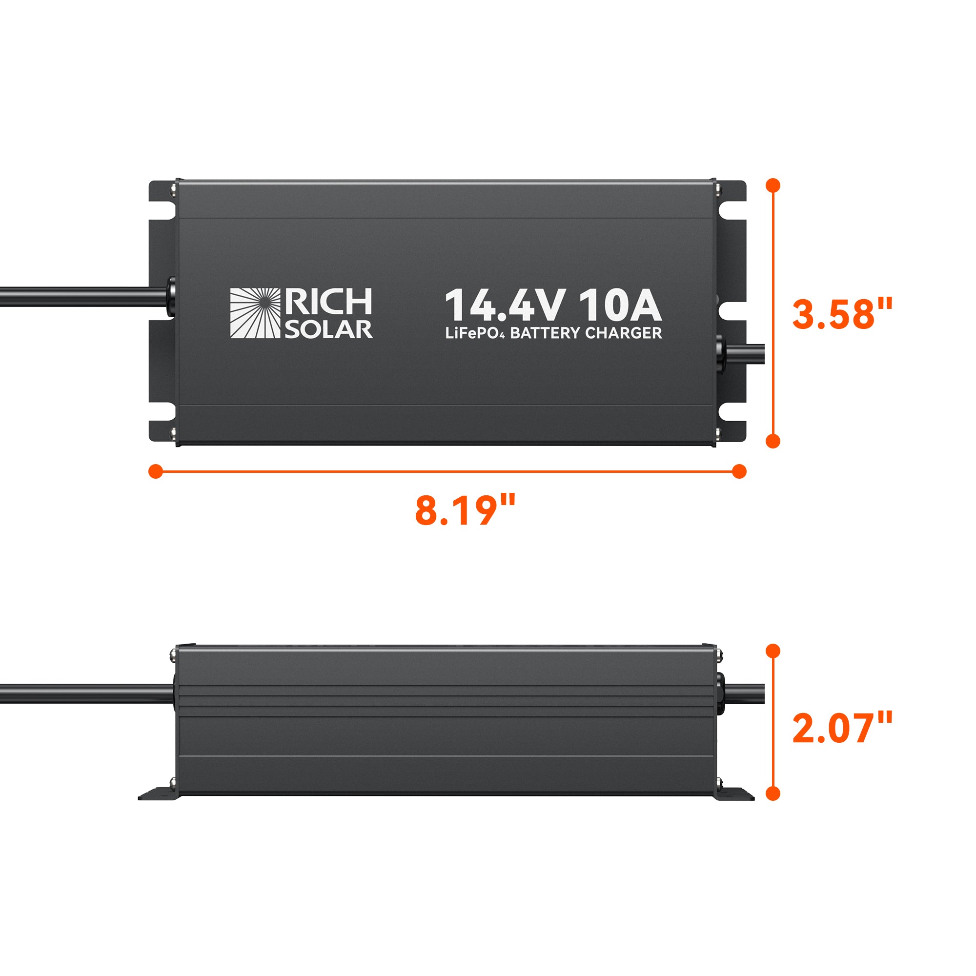 Rich Solar 12V 10A LiFePO4 charger dimensions showing 8.19 inch length, 3.58 inch width, and 2.07 inch height