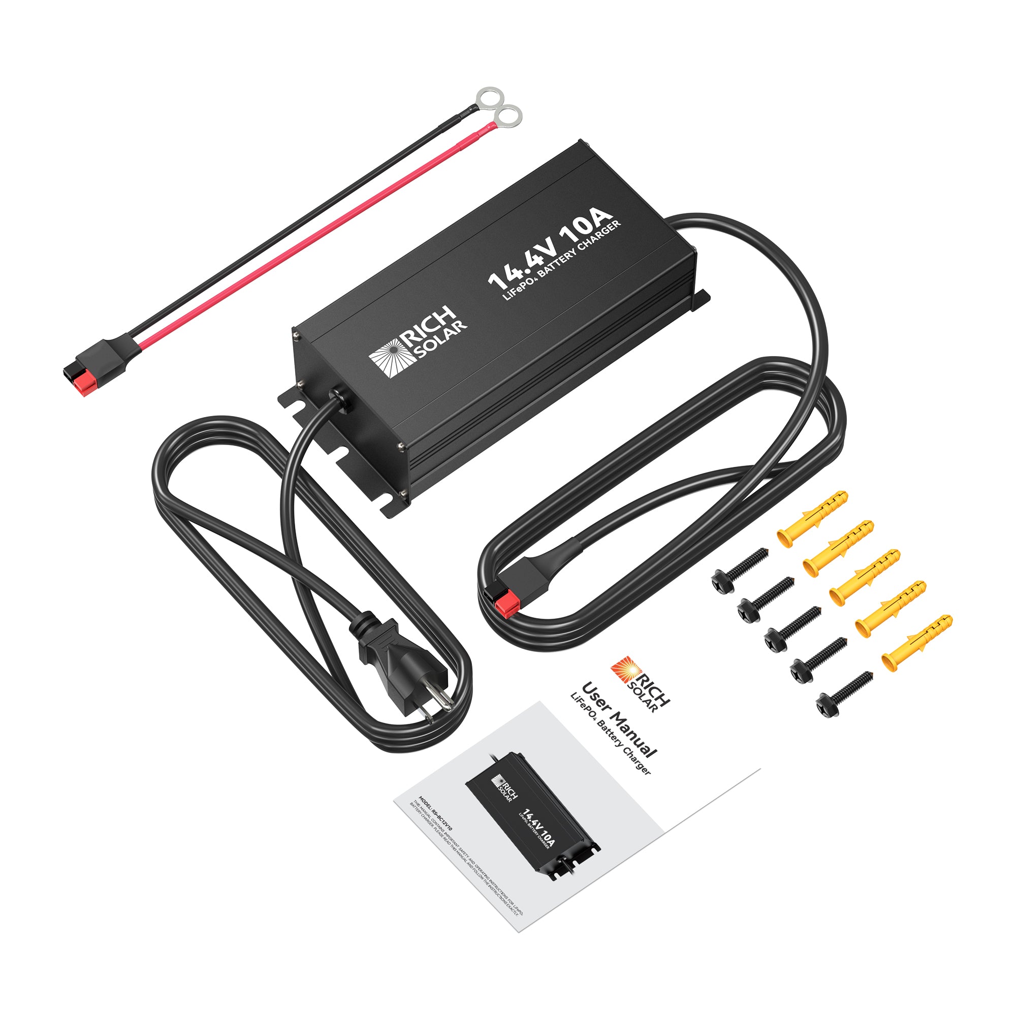 Rich Solar 12V 10A LiFePO4 charger kit with Anderson connector, ring terminals, manual, and accessories