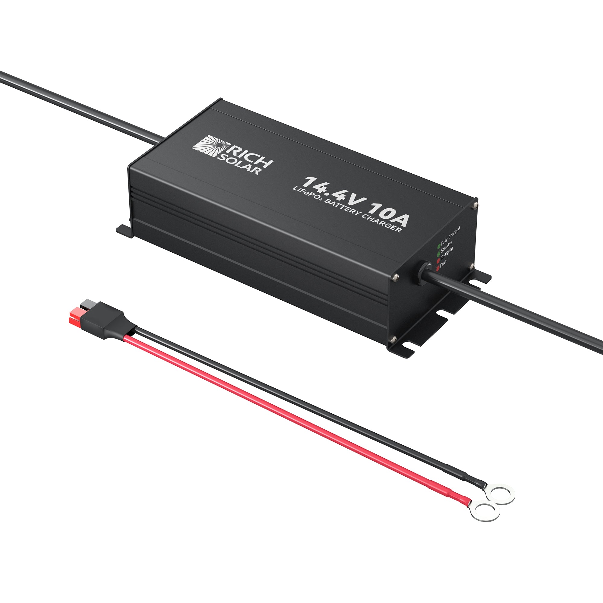 Rich Solar RS-BC12V10 charger angled view with aluminum shell and charging cable
