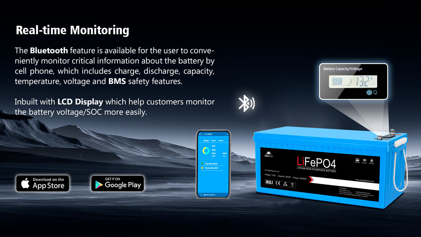 12V 200Ah LiFePO4 Deep Cycle Lithium Battery/ Bluetooth / Self- Heating / IP65