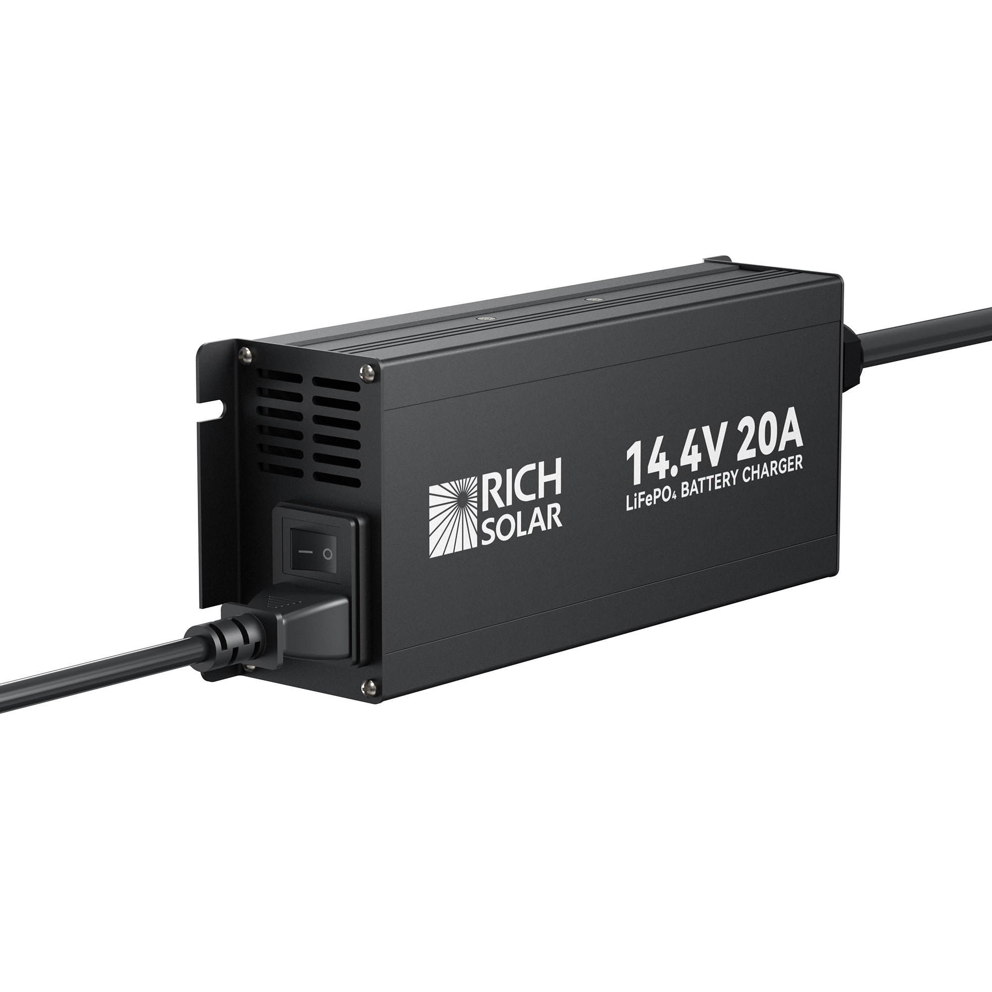 Rich Solar 14.4V 20A charger side view with LED indicator area and AC cable