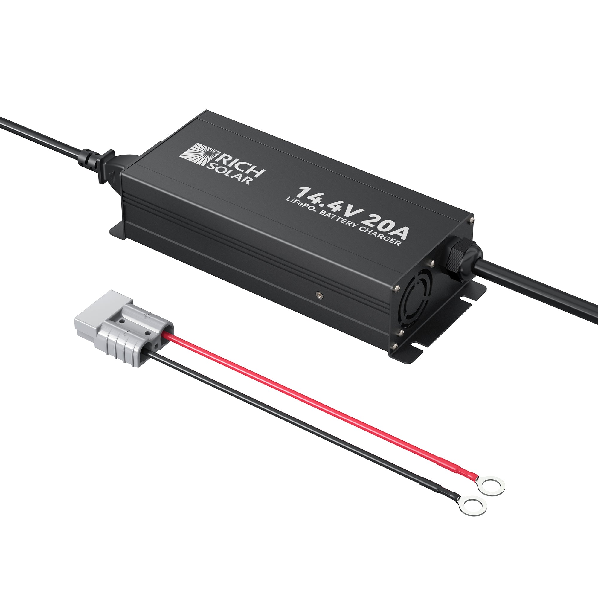 Rich Solar RS-BC12V20 charger angled view with aluminum shell and charging cable