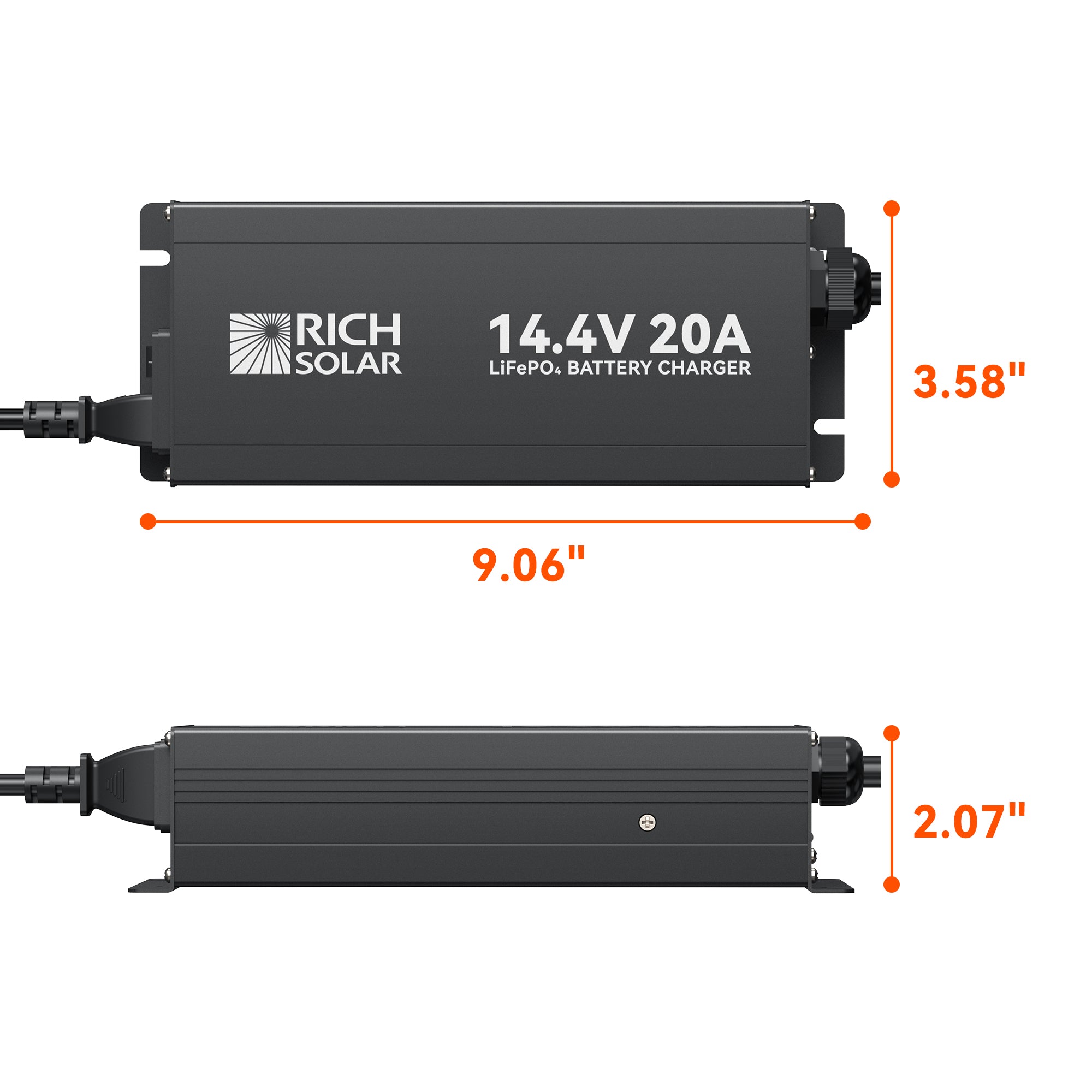 Rich Solar 12V 20A LiFePO4 charger dimensions showing 9.06 inch length, 3.58 inch width, and 2.07 inch height