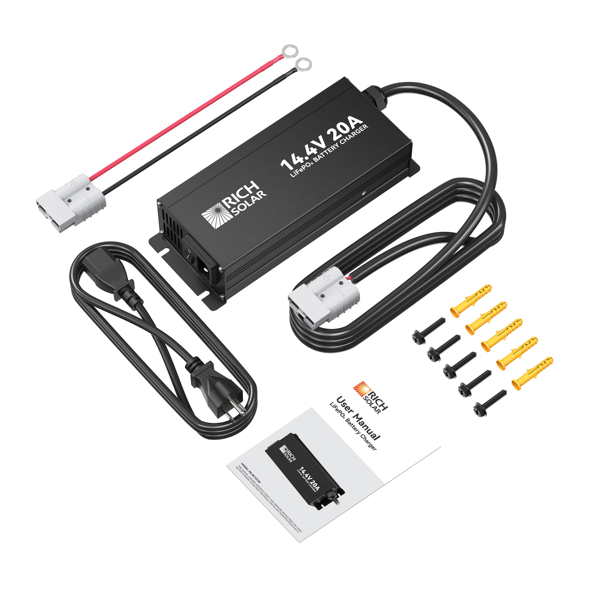 Rich Solar 12V 20A LiFePO4 charger kit with Anderson connector, ring terminals, manual, and accessories