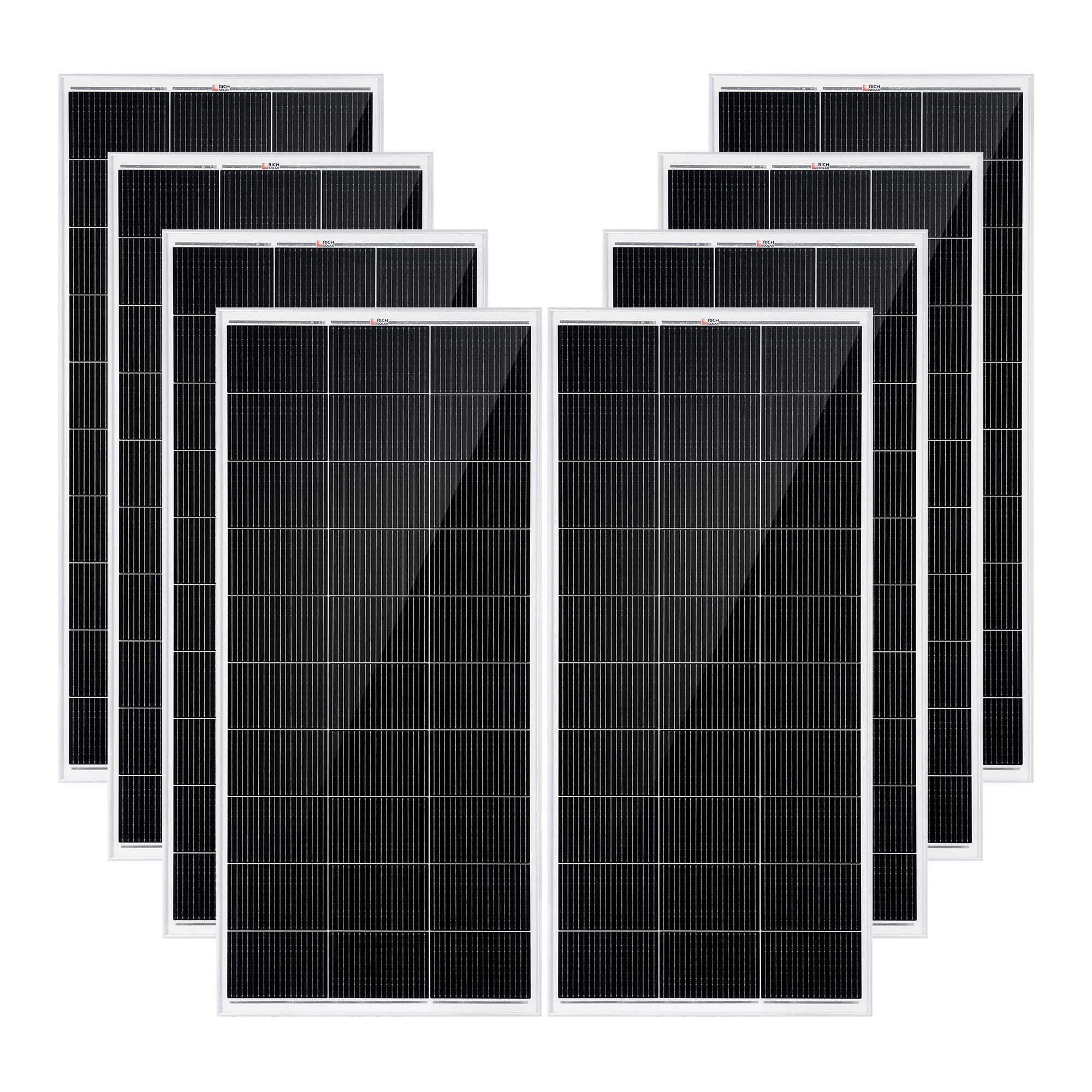 Eight Rich Solar MEGA 200W solar panels included in the RS-CK1600 complete kit