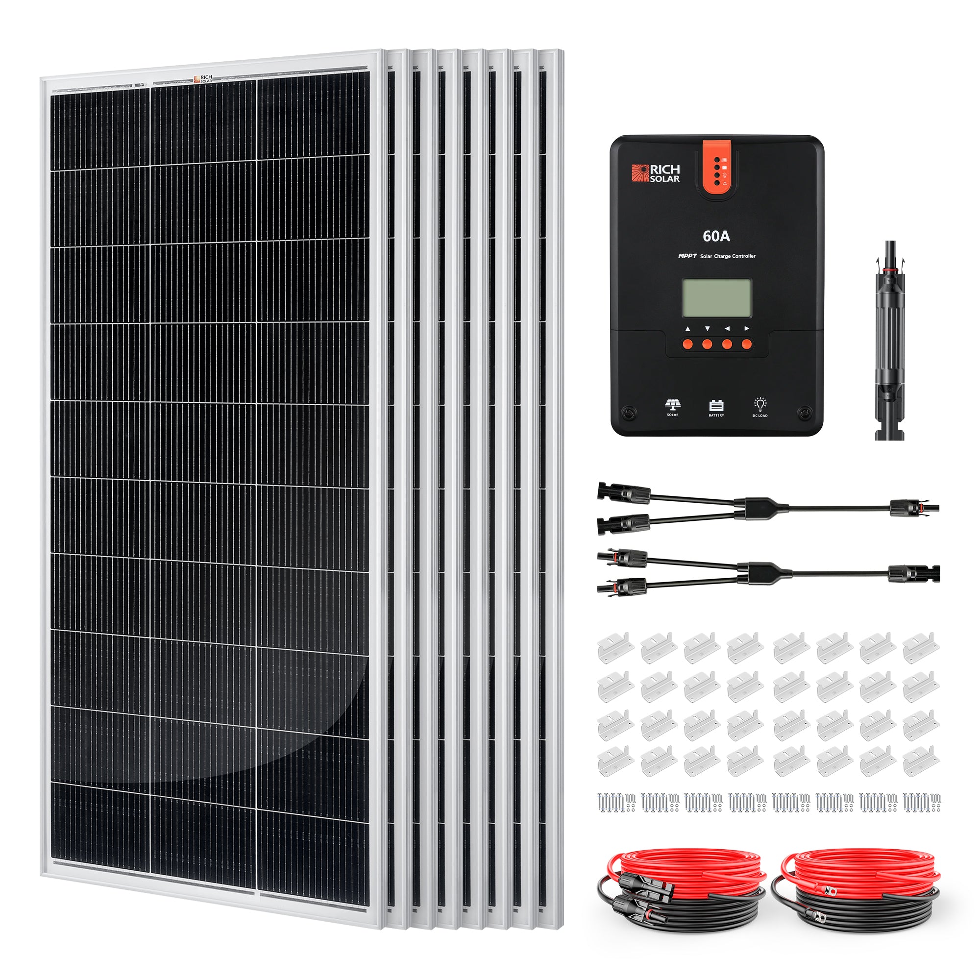 Rich Solar RS-K1660 1600 Watt Solar Kit with eight 200W solar panels, 60A MPPT controller, cables, brackets, fuse holder, and adapters