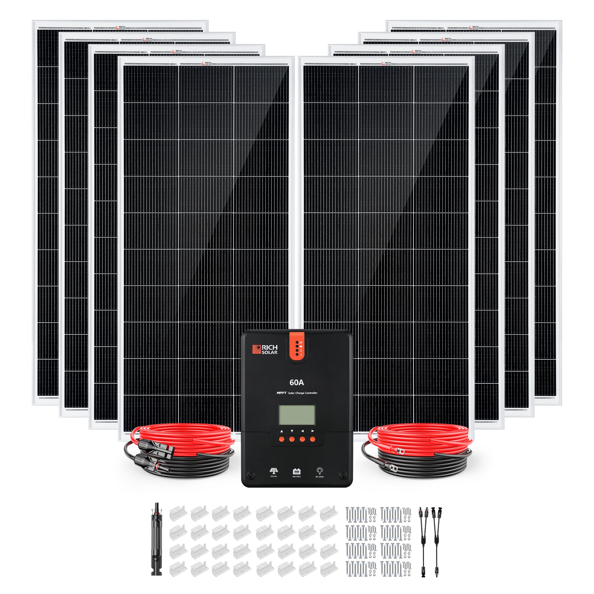 Rich Solar 1600 Watt Solar Kit components with panels, controller, cables, brackets, fuse holder, and Y branch adapters