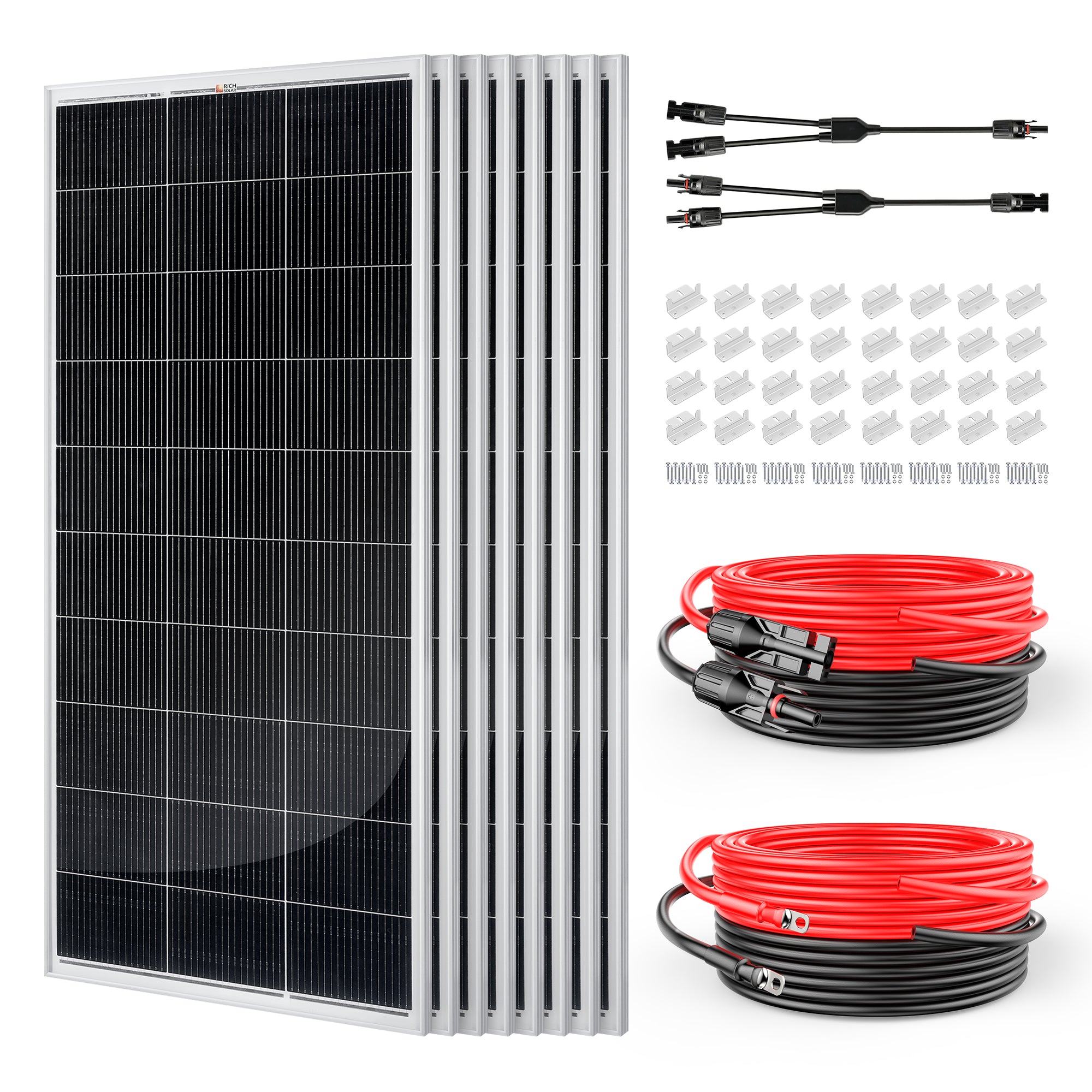 Rich Solar RS-K1660 24V 1600W Solar Kit included panels, cables, brackets, fuse holder, and Y branch adapters