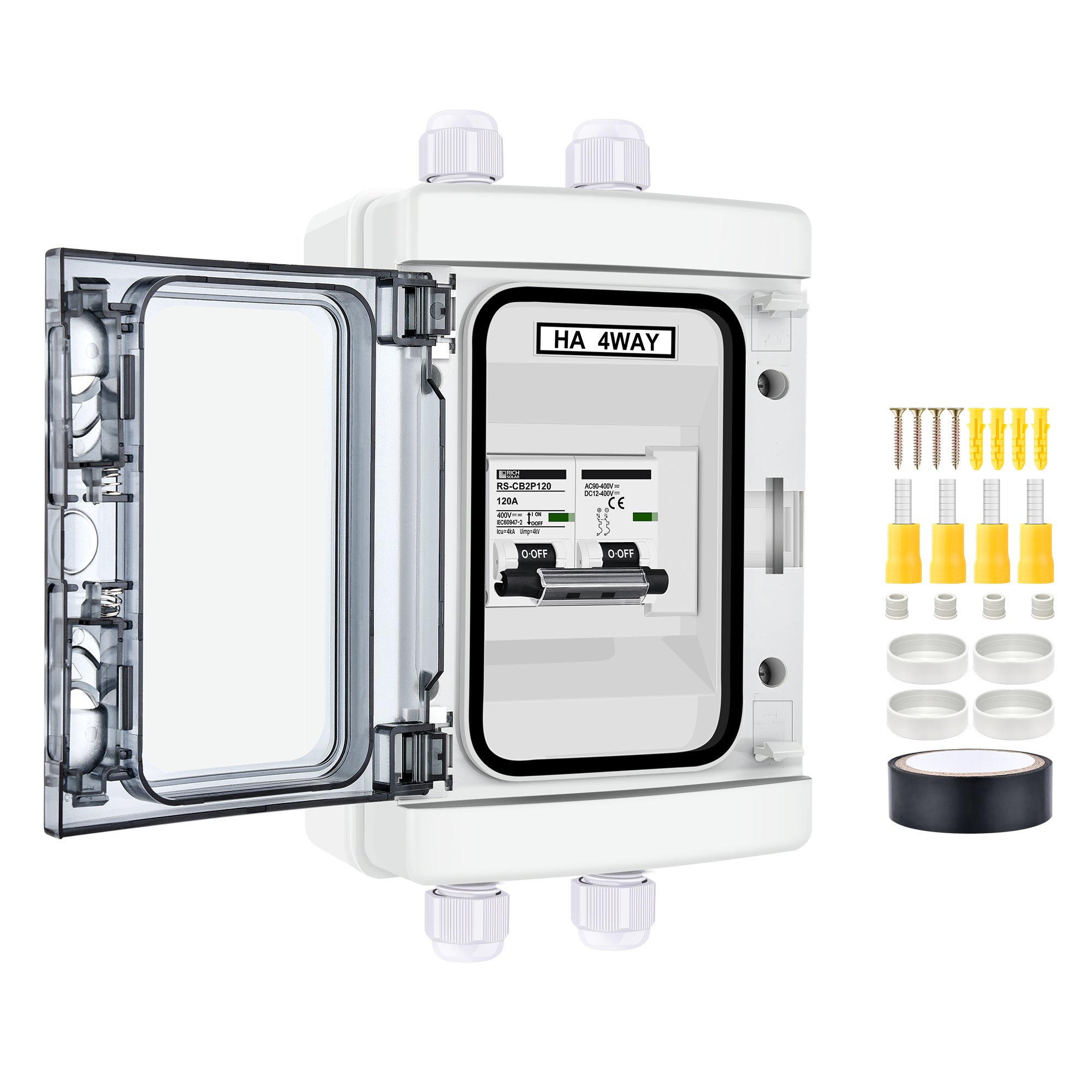 Rich Solar 120A 2 pole outdoor circuit breaker box with open door and mounting accessories