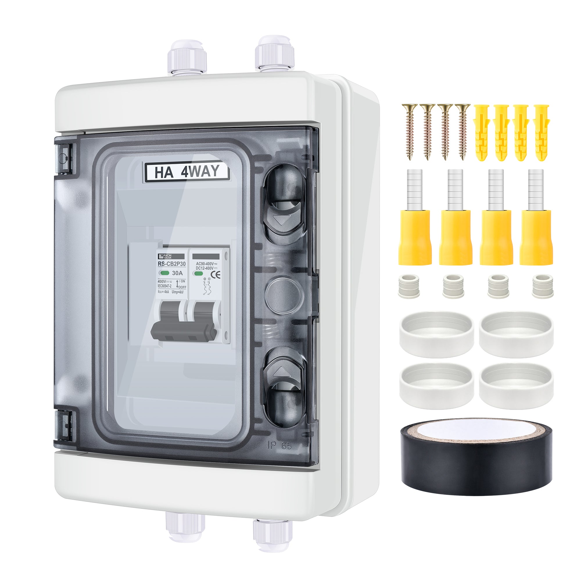 Rich Solar RS-CB2P30 2 Pole Outdoor Circuit Breaker Box with solar isolator disconnect switch and included accessories