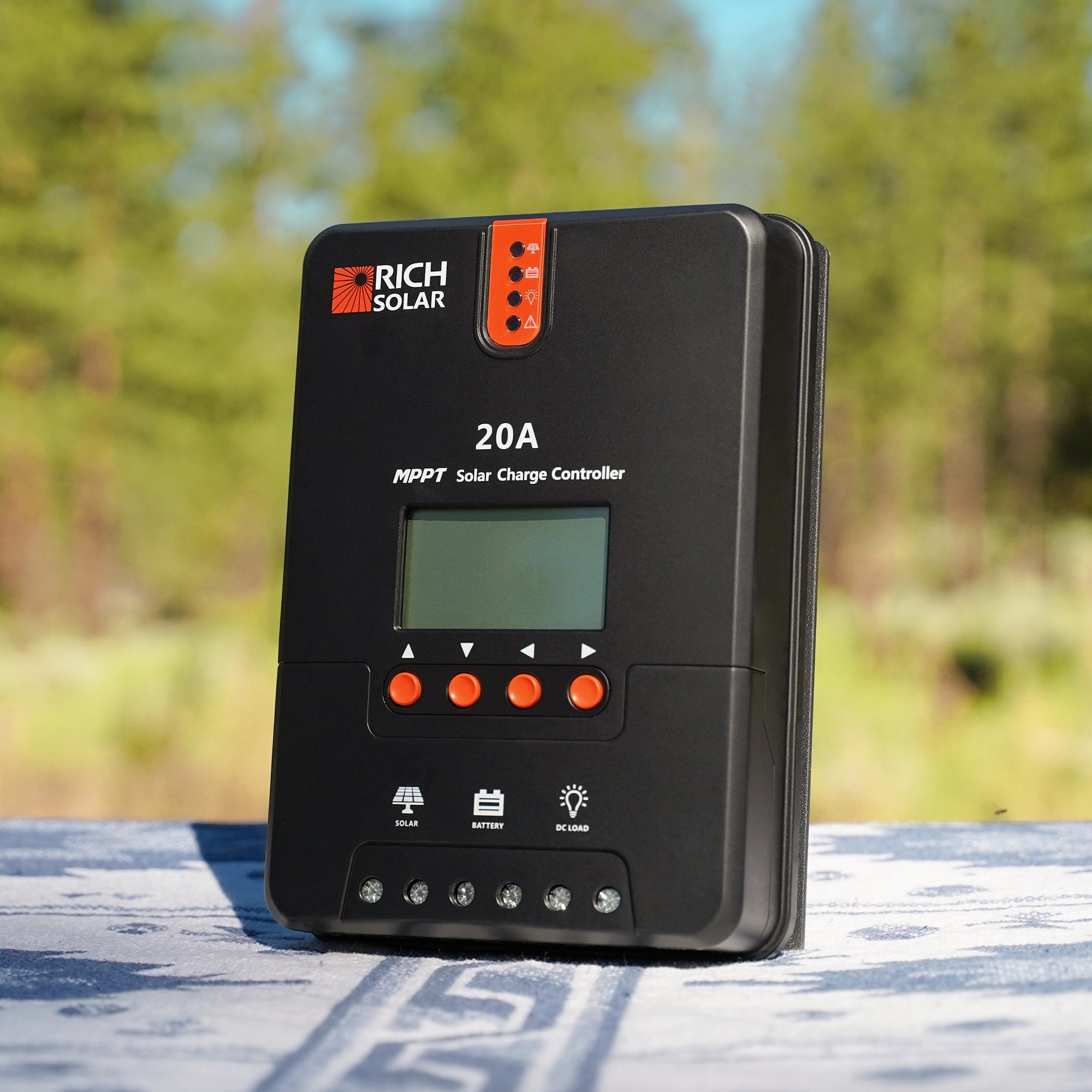 Rich Solar 20A MPPT solar charge controller outdoor view with LCD display and LED indicators