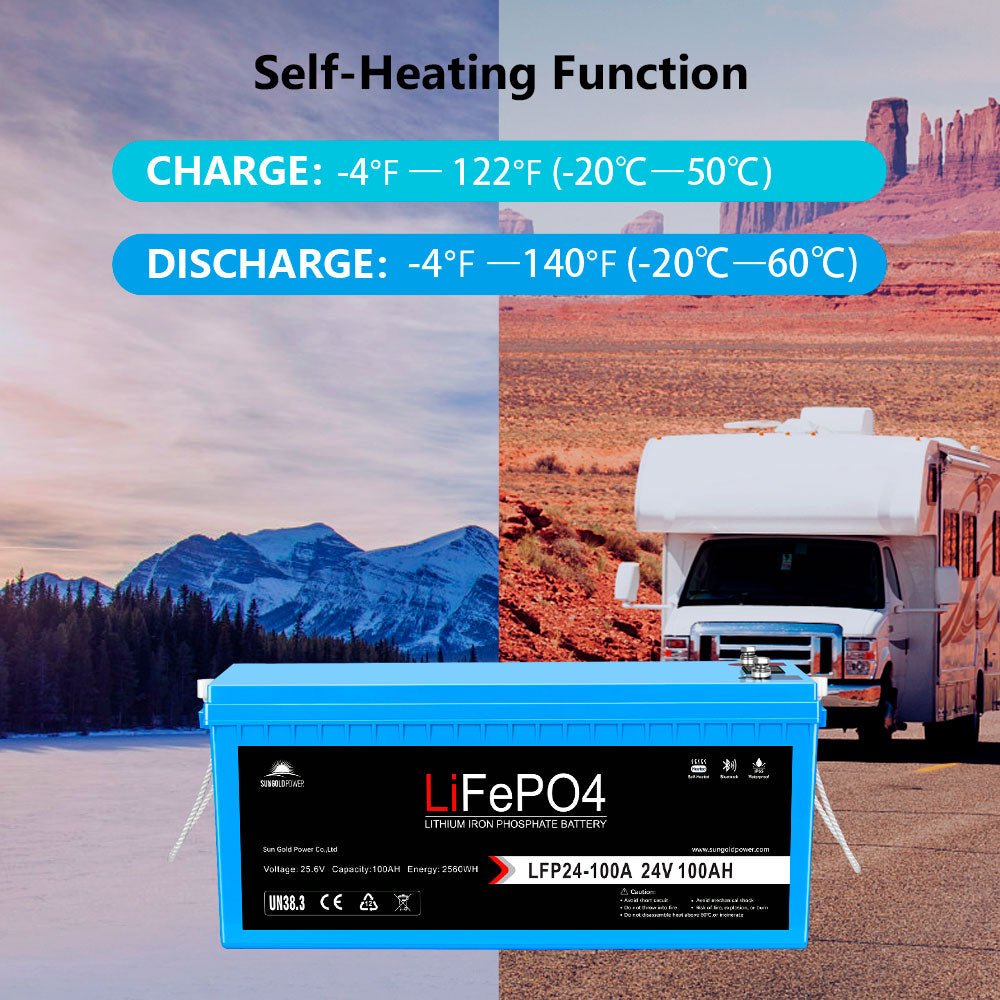 24V 100Ah LiFePO4 Deep Cycle Lithium Battery Bluetooth / Self- Heating / IP65