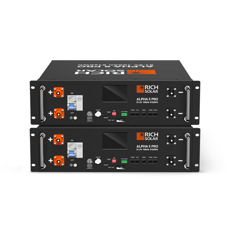 Two Rich Solar ALPHA 5 PRO 51.2V 100Ah LiFePO4 server rack lithium batteries included in the 2500W 120VAC kit