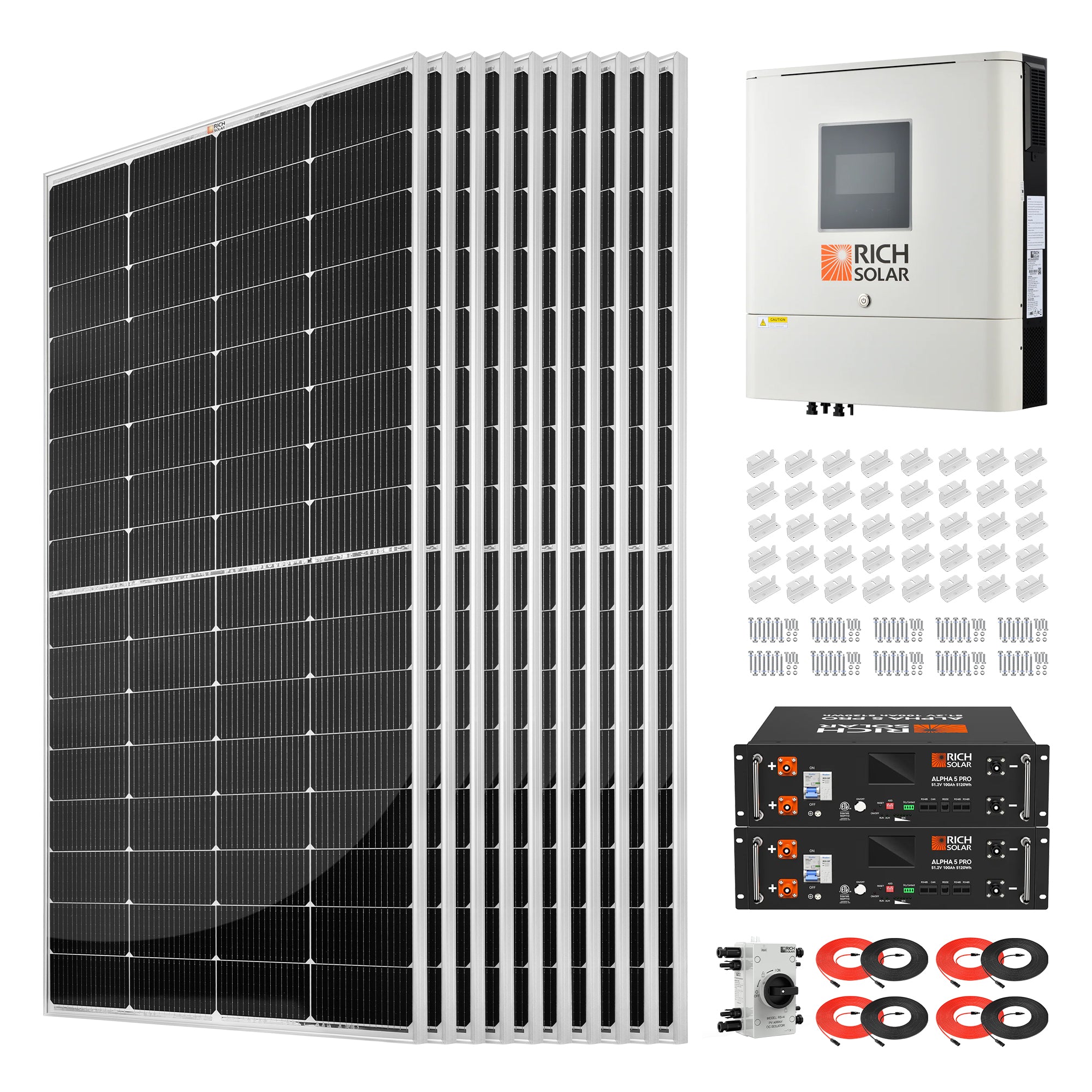 Rich Solar RS-CBK2500 2500W 48VDC 120VAC Solar Kit with solar panels, ALPHA 5 PRO batteries, NOVA 6500S inverter, cables, brackets, and disconnect
