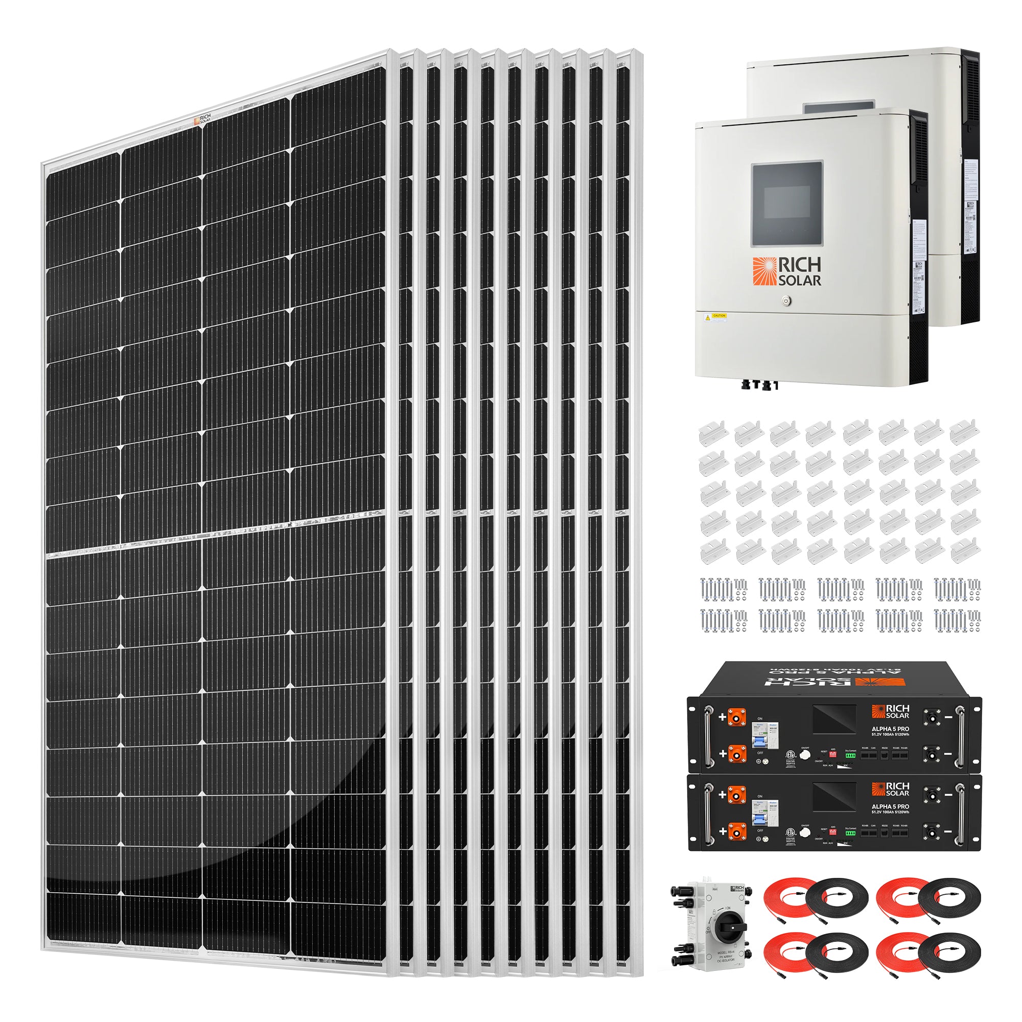 Rich Solar RS-CBK2500240 2500W 48VDC 240VAC Solar Kit with solar panels, ALPHA 5 PRO batteries, dual NOVA 6500S inverters, cables, brackets, and disconnect
