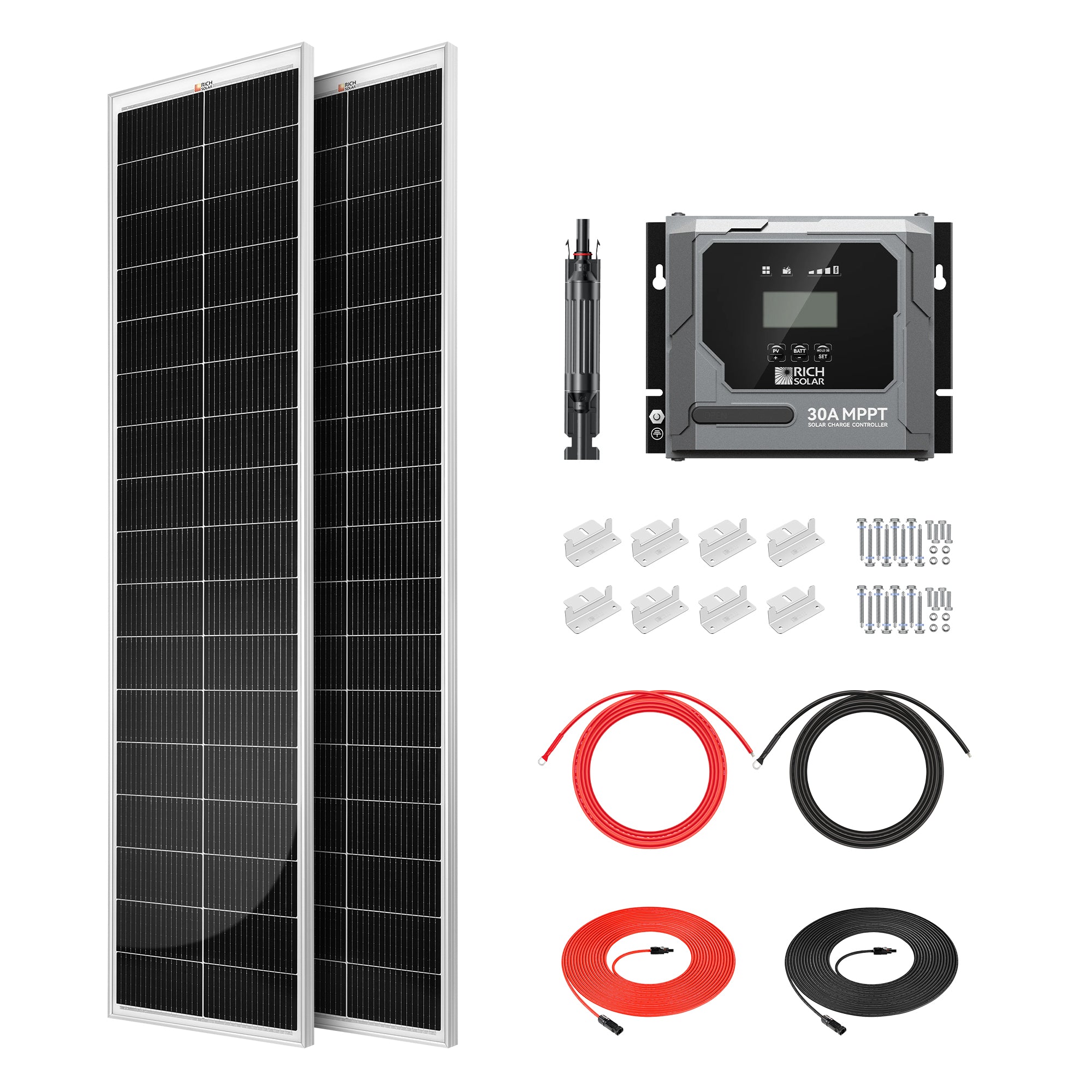 Rich Solar RS-K260SL 260W Slim Kit with two MEGA 130W slim solar panels, BRAVO 30A MPPT controller, cables, brackets, and fuse holder