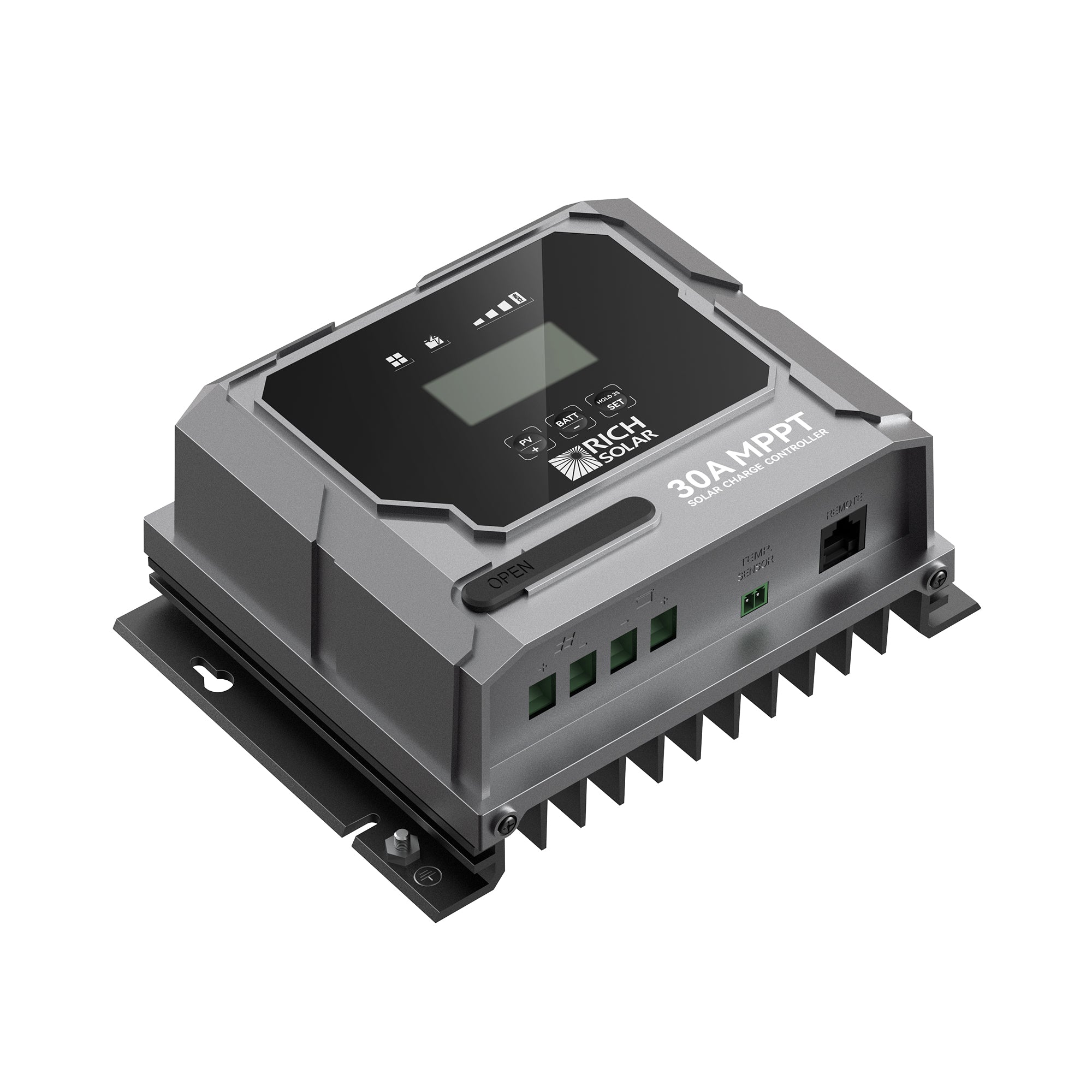 Rich Solar 30A MPPT solar charge controller angled view with LCD screen, LED indicators, and terminal connections