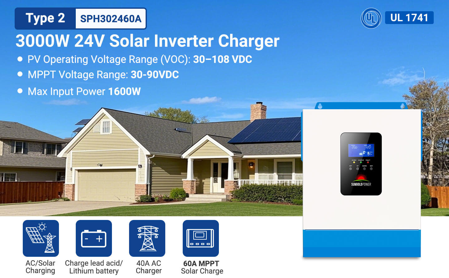 3000W 24V Solar Inverter Charger AC input 120V AC output 120V [PV30-108V / MPPT30- 90V]
