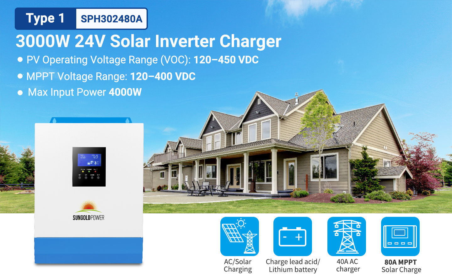 3000W 24V Solar Inverter Charger AC input 120V AC output 120V [PV30-108V / MPPT30- 90V]