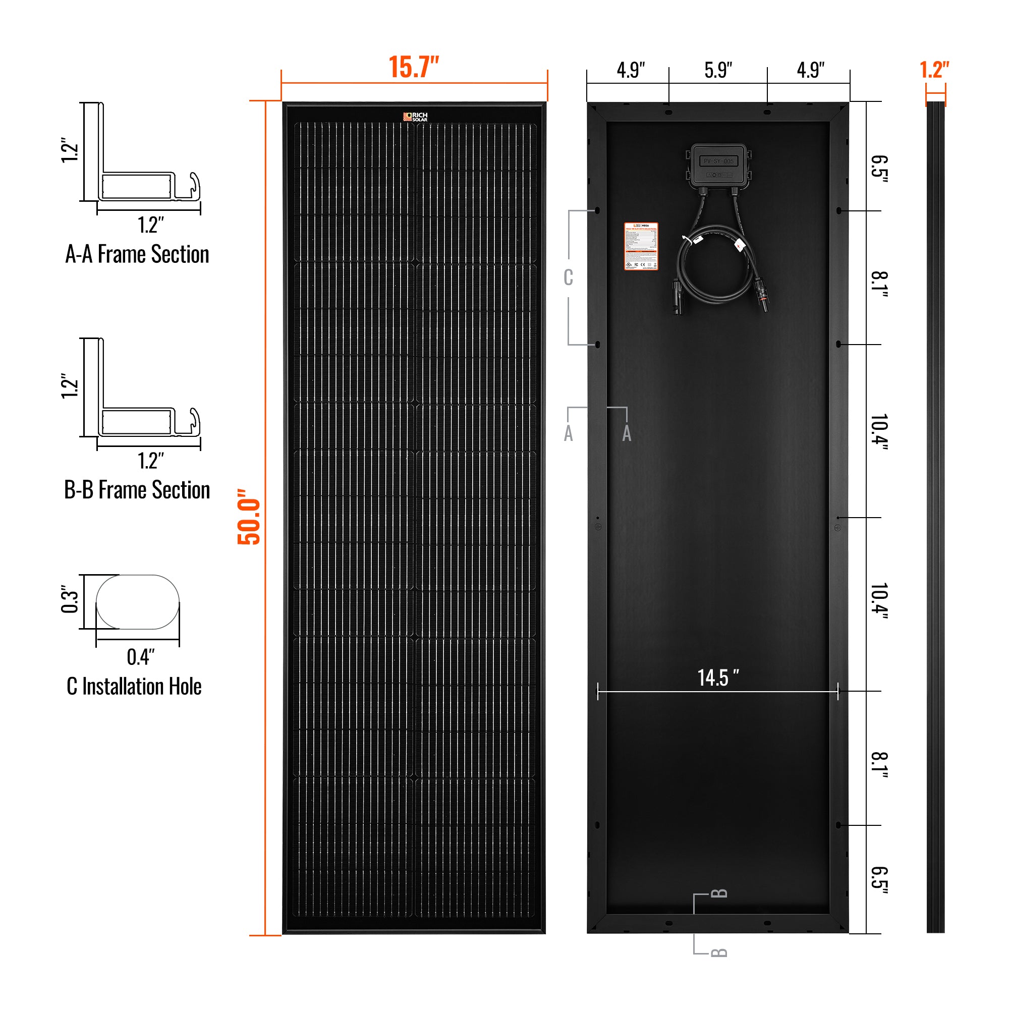 Rich Solar MEGA 100W Slim Onyx solar panel dimensions and narrow profile