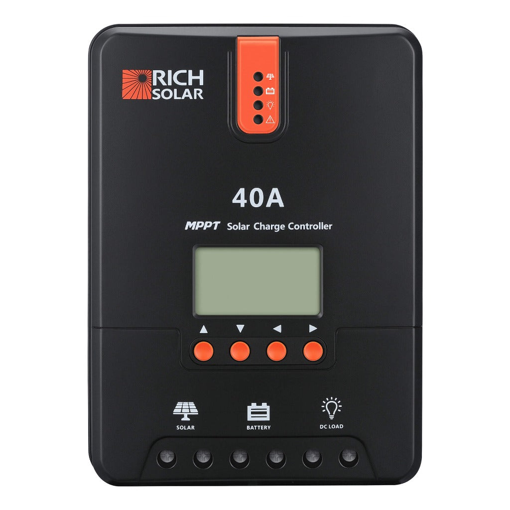 Rich Solar RS-MPPT40 charge controller front display with LCD screen and control buttons