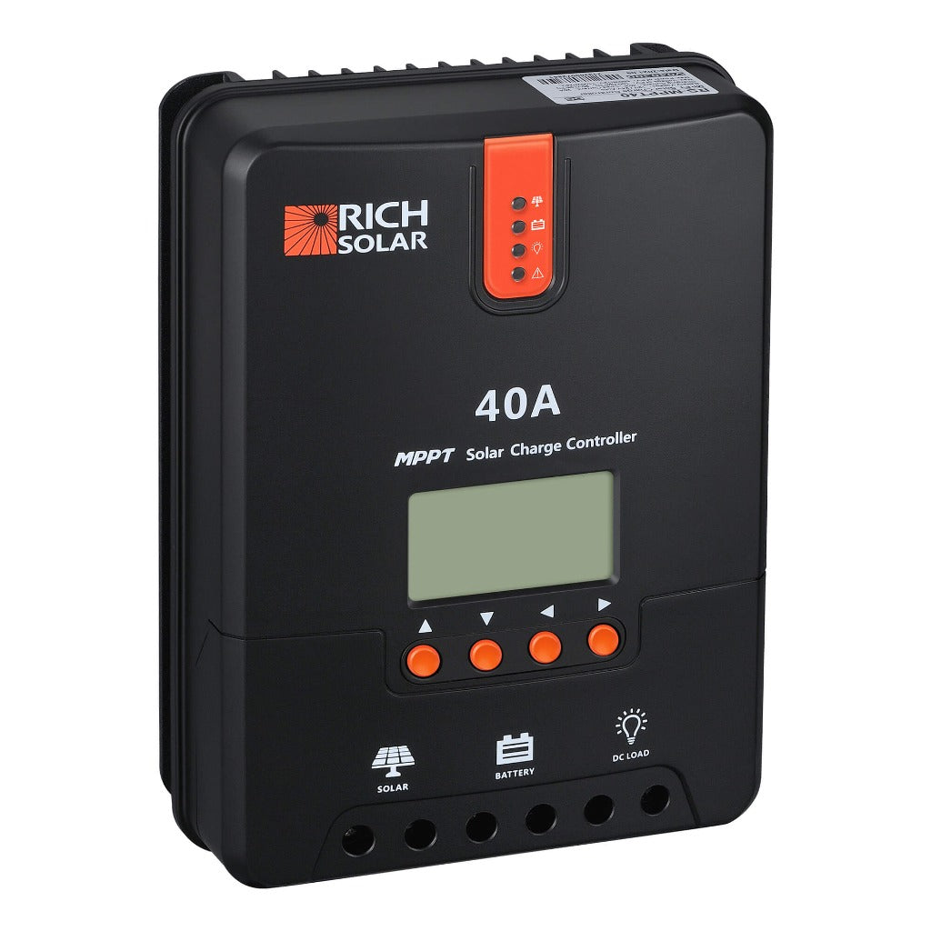 Rich Solar 40 Amp MPPT controller angled view with LCD and LED indicators