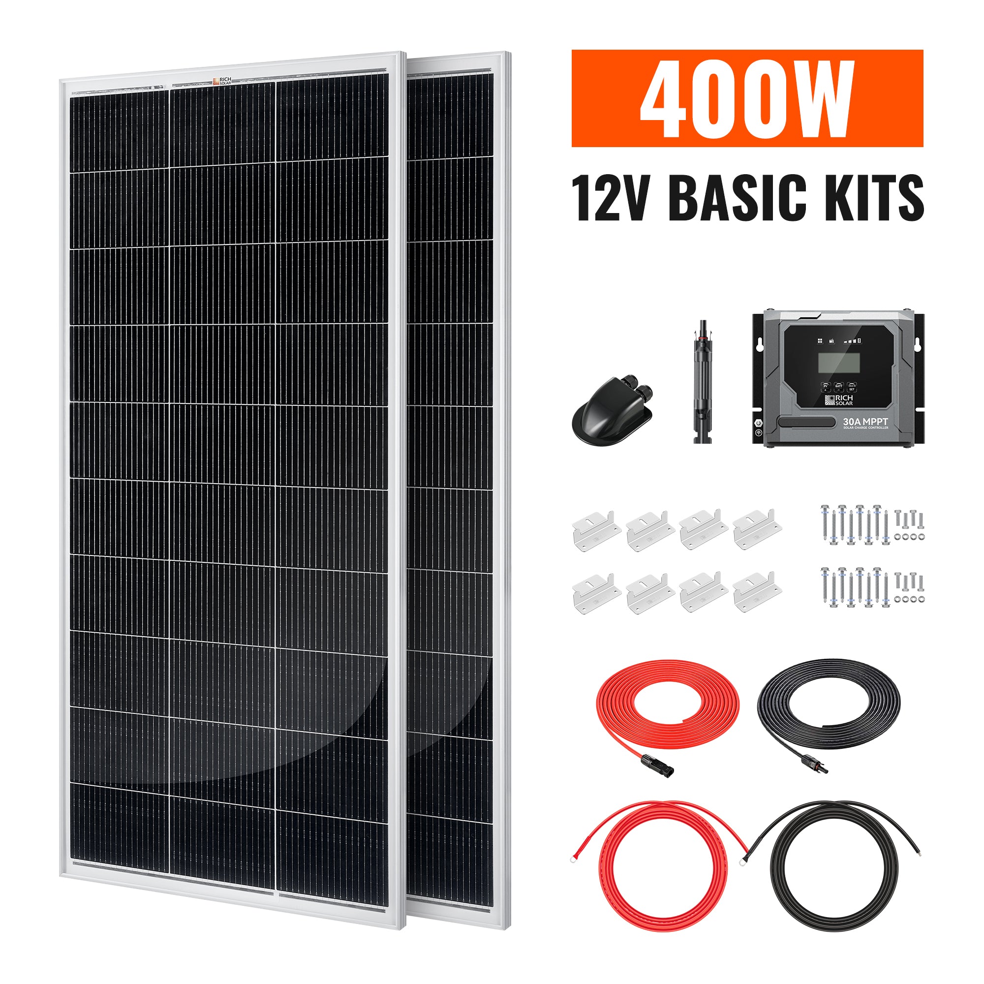 Rich Solar Basic 400 Watt Solar Kit with 200W solar panels, BRAVO 30A MPPT charge controller, cables, fuse, brackets, and cable entry housing