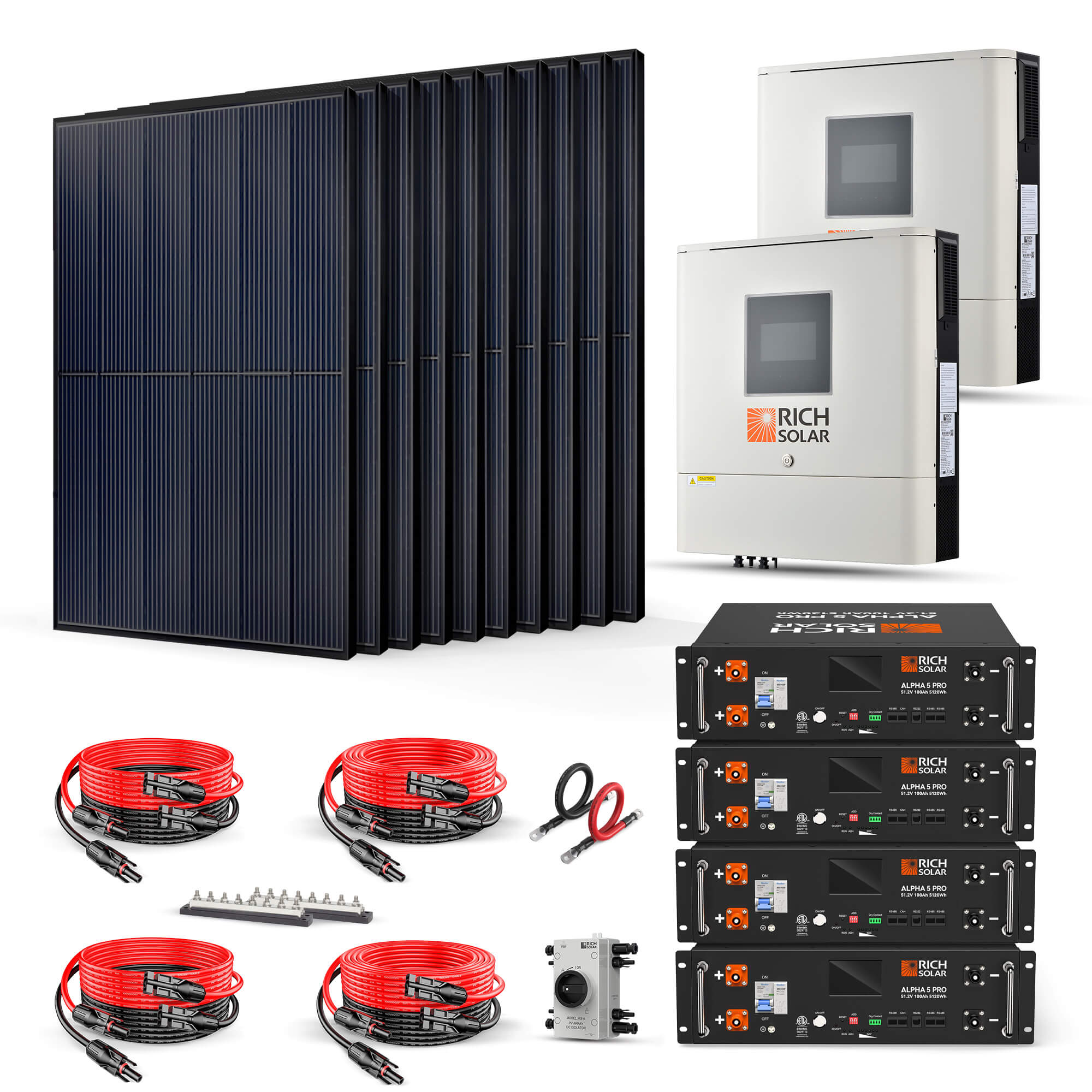 Rich Solar RS-CBK4000240 4000W 48VDC-240VAC solar kit with MEGA 410W solar panels, ALPHA 5 PRO batteries, NOVA 6500S inverters, cables, busbars, and PV disconnect