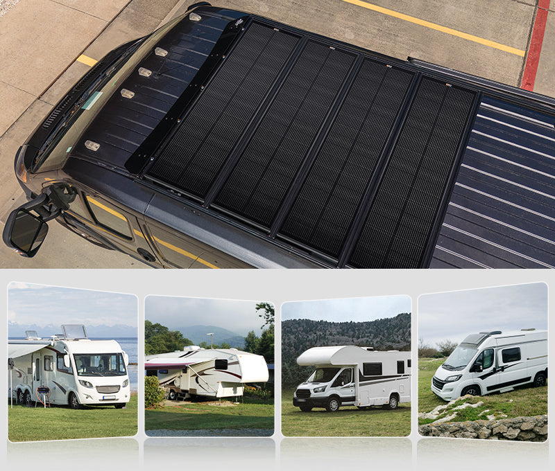 Rich Solar MEGA 100W Slim Onyx solar panels installed on RV roof for narrow space solar charging