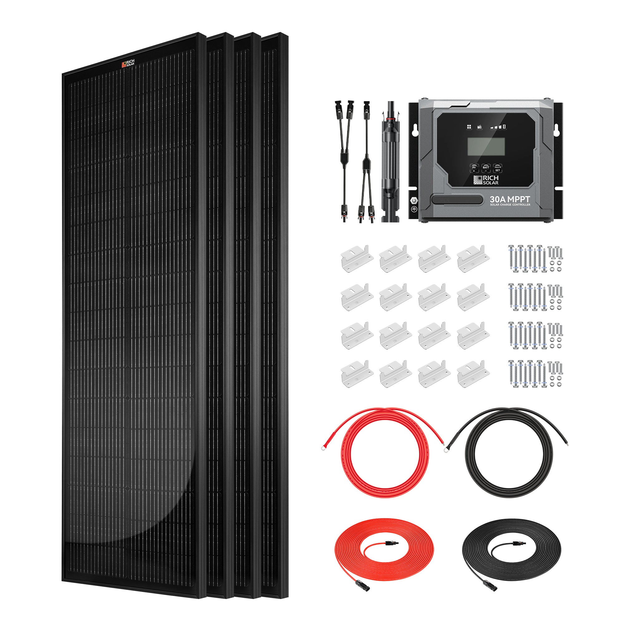 Rich Solar RS-K400SL 400W Slim Onyx Kit with four MEGA 100W slim solar panels, BRAVO 30A MPPT controller, cables, brackets, adapters, and fuse holder