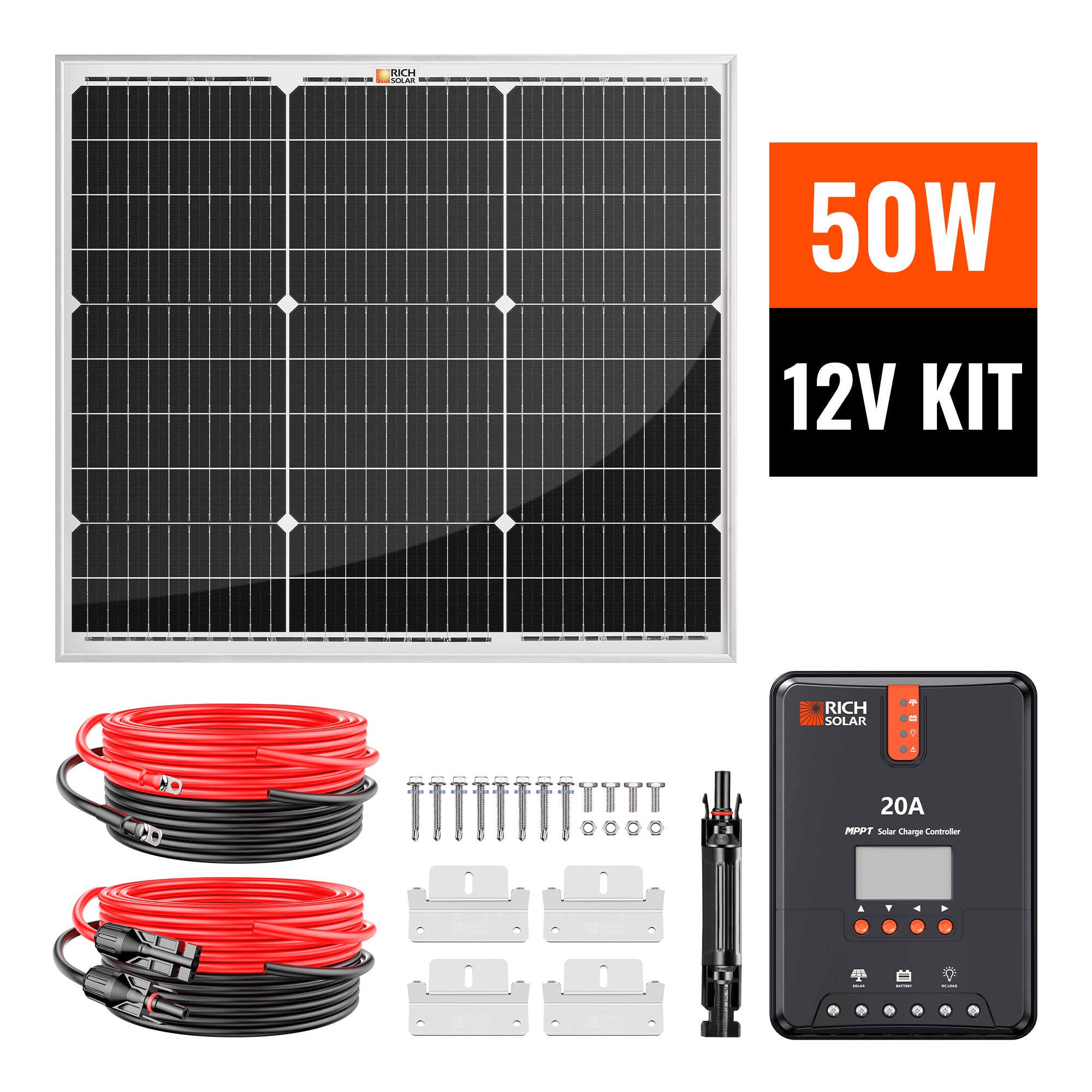 Rich Solar RS-K502 50W 12V solar kit with panel controller cables fuse and brackets