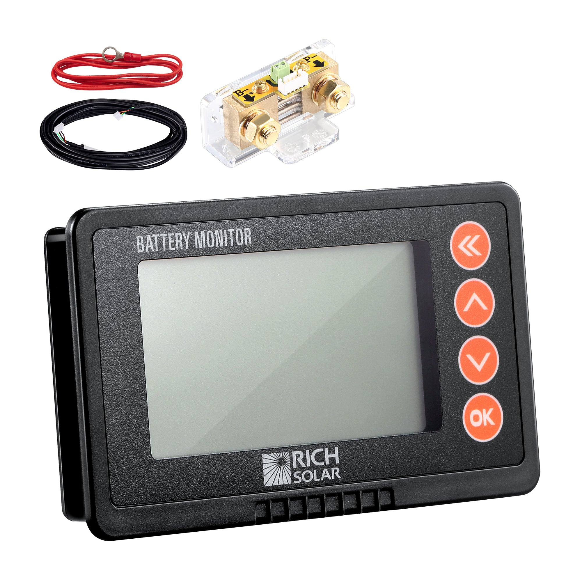 Rich Solar 500A battery monitor with shunt display cable and wiring accessories