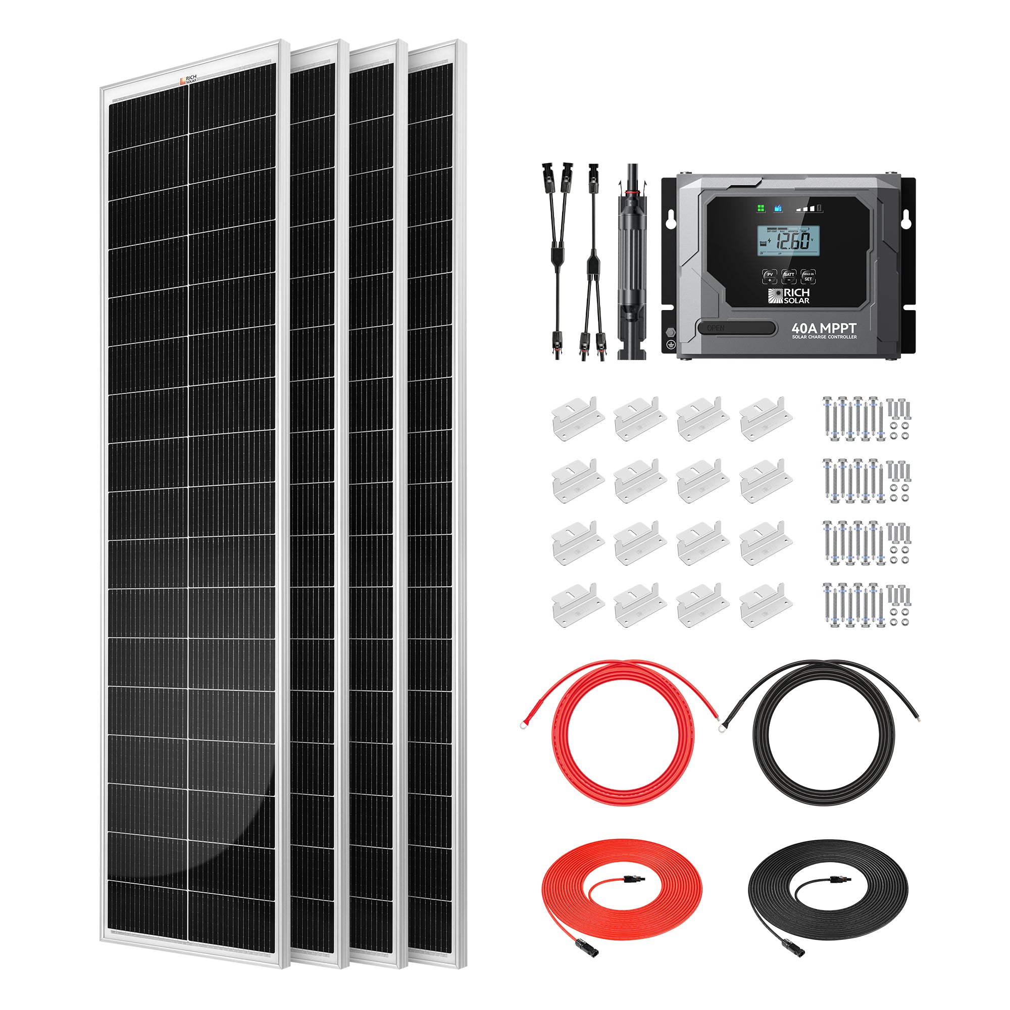 Rich Solar RS-K520SL 520W Slim Kit with four MEGA 130W slim solar panels, MPPT controller, cables, brackets, adapters, and fuse holder