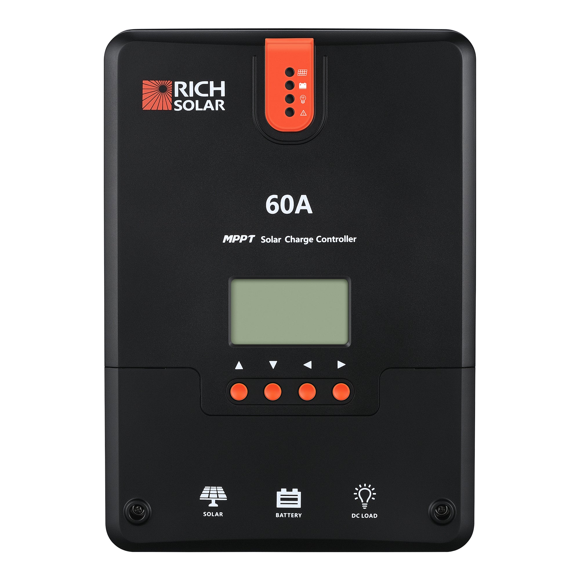 Rich Solar 60 Amp MPPT controller front view with LCD and LED indicators