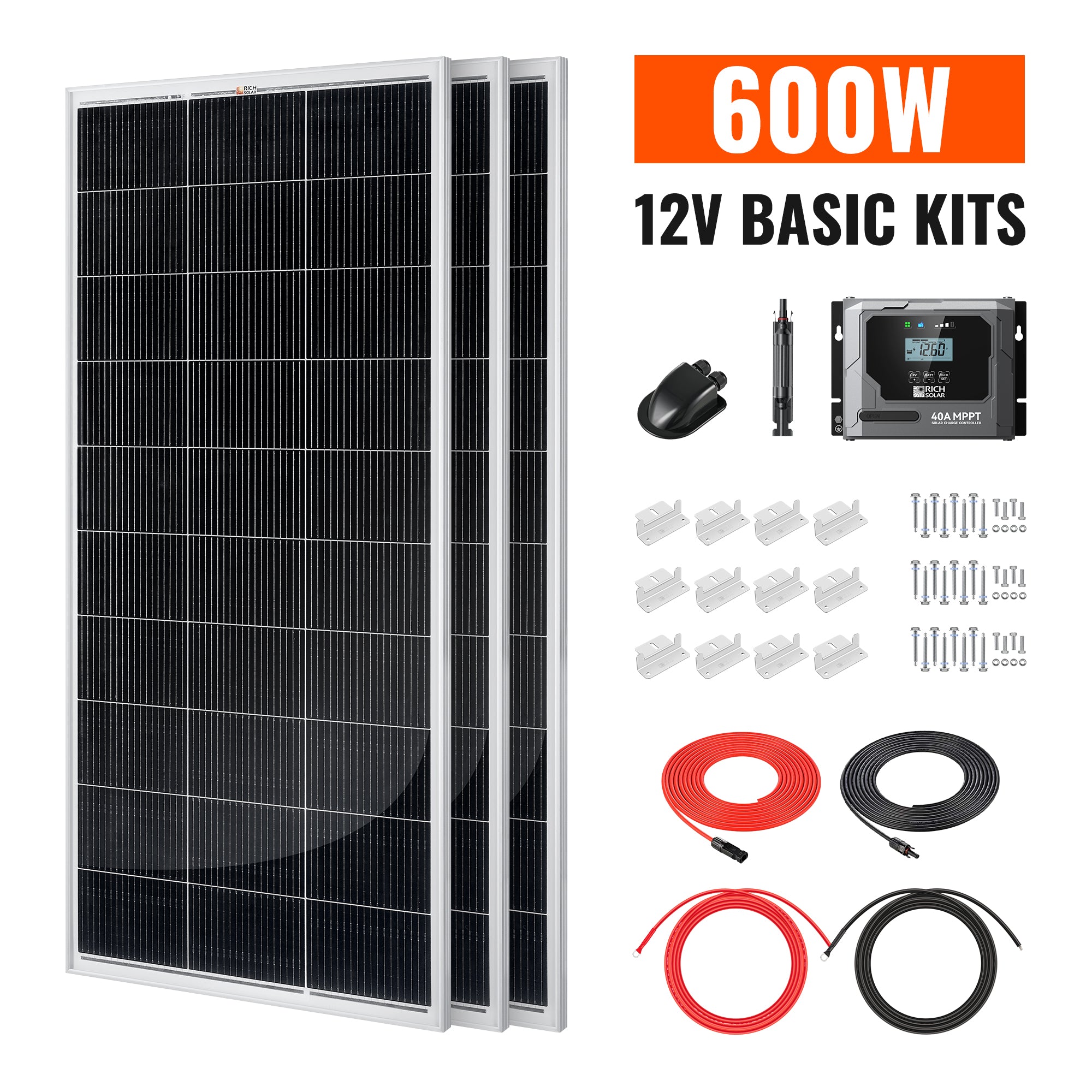 Rich Solar Basic 600 Watt Solar Kit with 200W solar panels, BRAVO 40A MPPT charge controller, cables, fuse, brackets, and cable entry housing