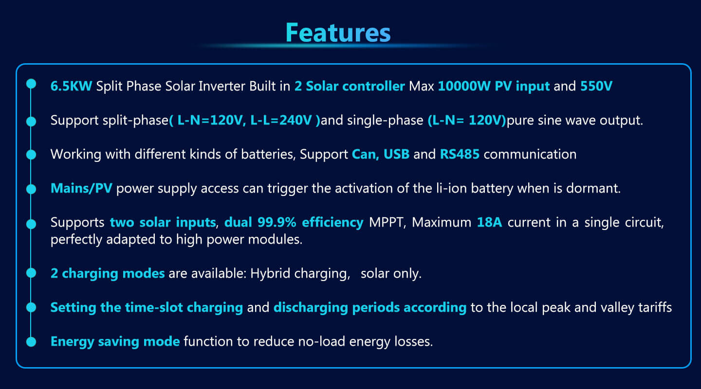 6.5KW 48V Split Phase Solar Inverter AC input 120V/240V AC output 120V/240V