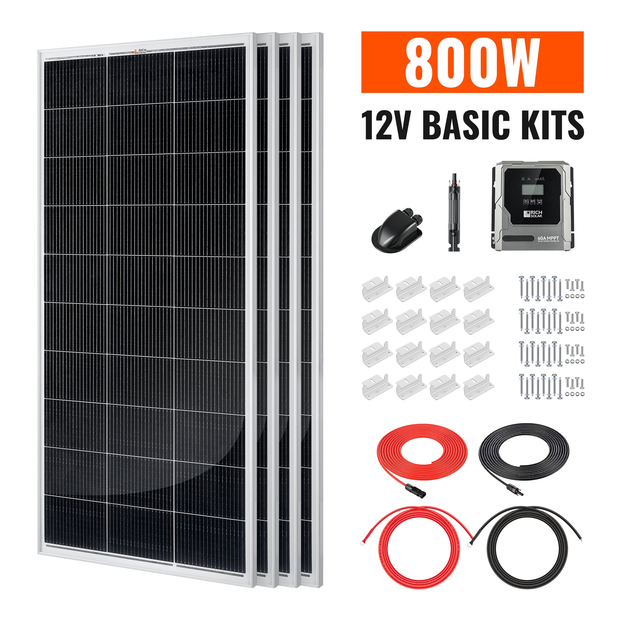 Rich Solar Basic 800 Watt Solar Kit with 200W solar panels, BRAVO 60A MPPT charge controller, cables, fuse, brackets, and cable entry housing